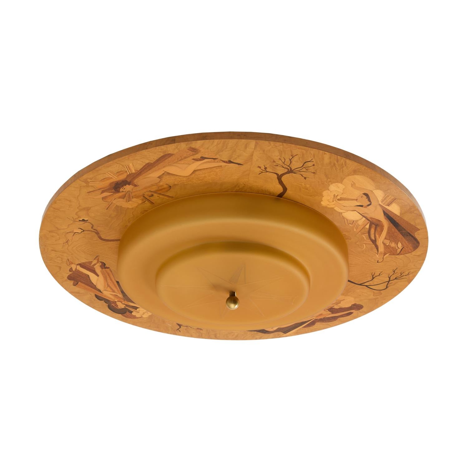 A Swedish Marquetry Flush Mount Depicting The Four Winds In Good Condition In New York, NY