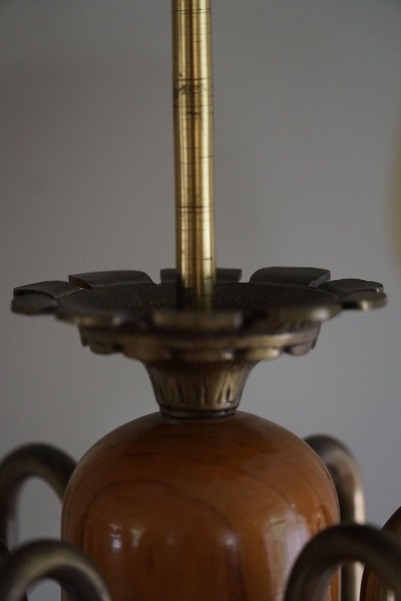 Lampadario moderno svedese a sei bracci del 1940, Art Deco, vetro, ottone e olmo 8