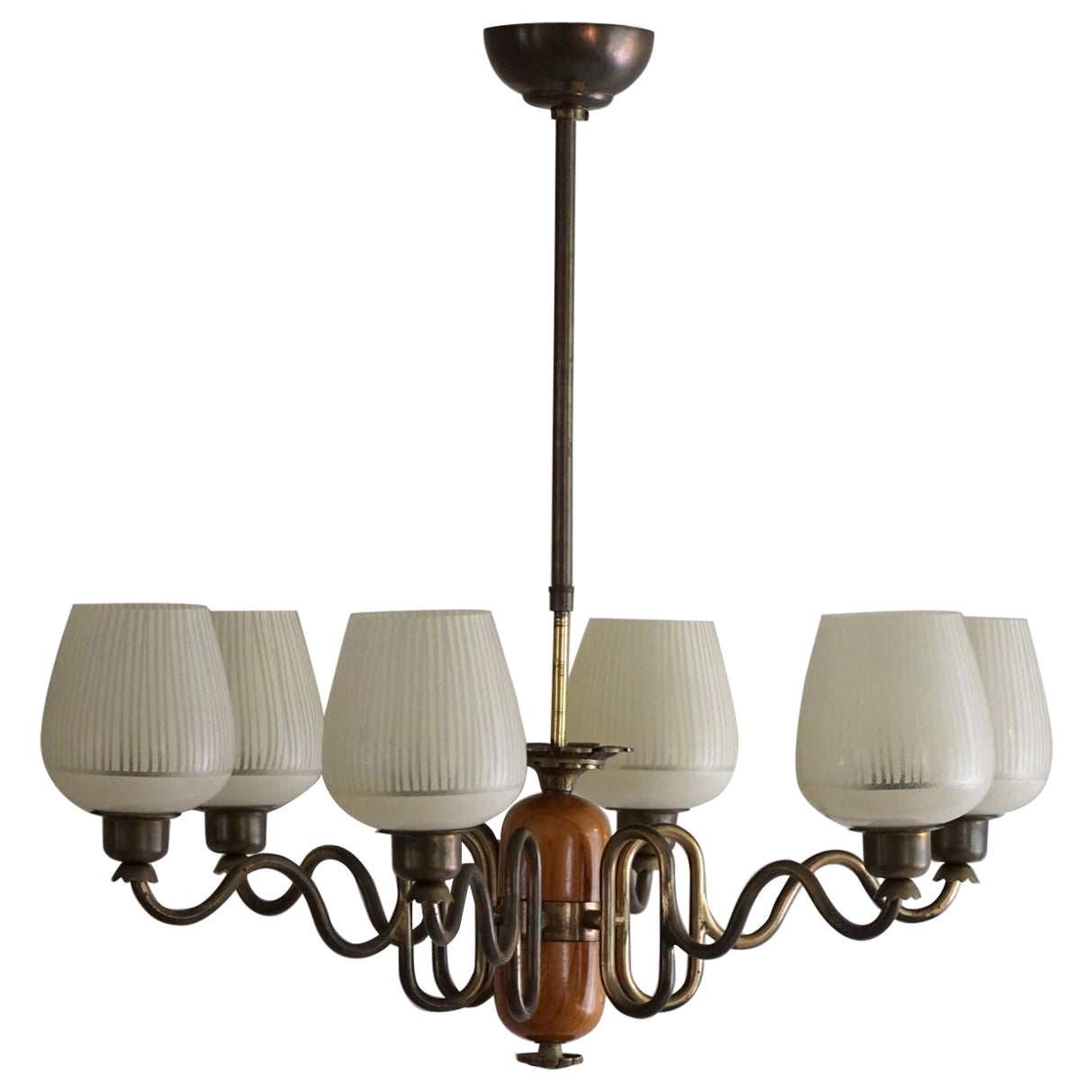 Lampadario moderno svedese a sei bracci del 1940, Art Deco, vetro, ottone e olmo
