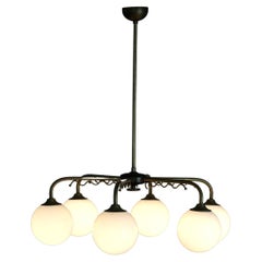 A Swedish Modern 1950s Chandelier, Art Deco Style, Glass & Brass