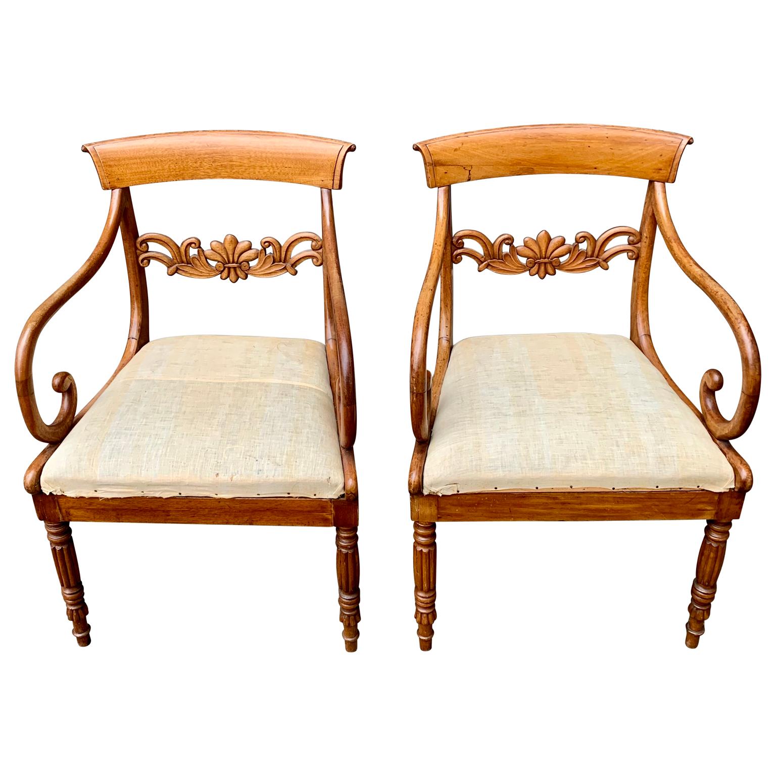 A pair of signed (NTS) Karl Johan Swedish empire dining armchair with scrolled arms. Most probably from the city of Lindome, famous for its ebeniste.

Please note that this chest of drawers is located in Halmstad Sweden.
Complementary delivery to