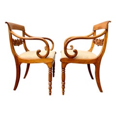 Antique Swedish Pair Of Signed Karl Johan Empire Beechwood Armchairs