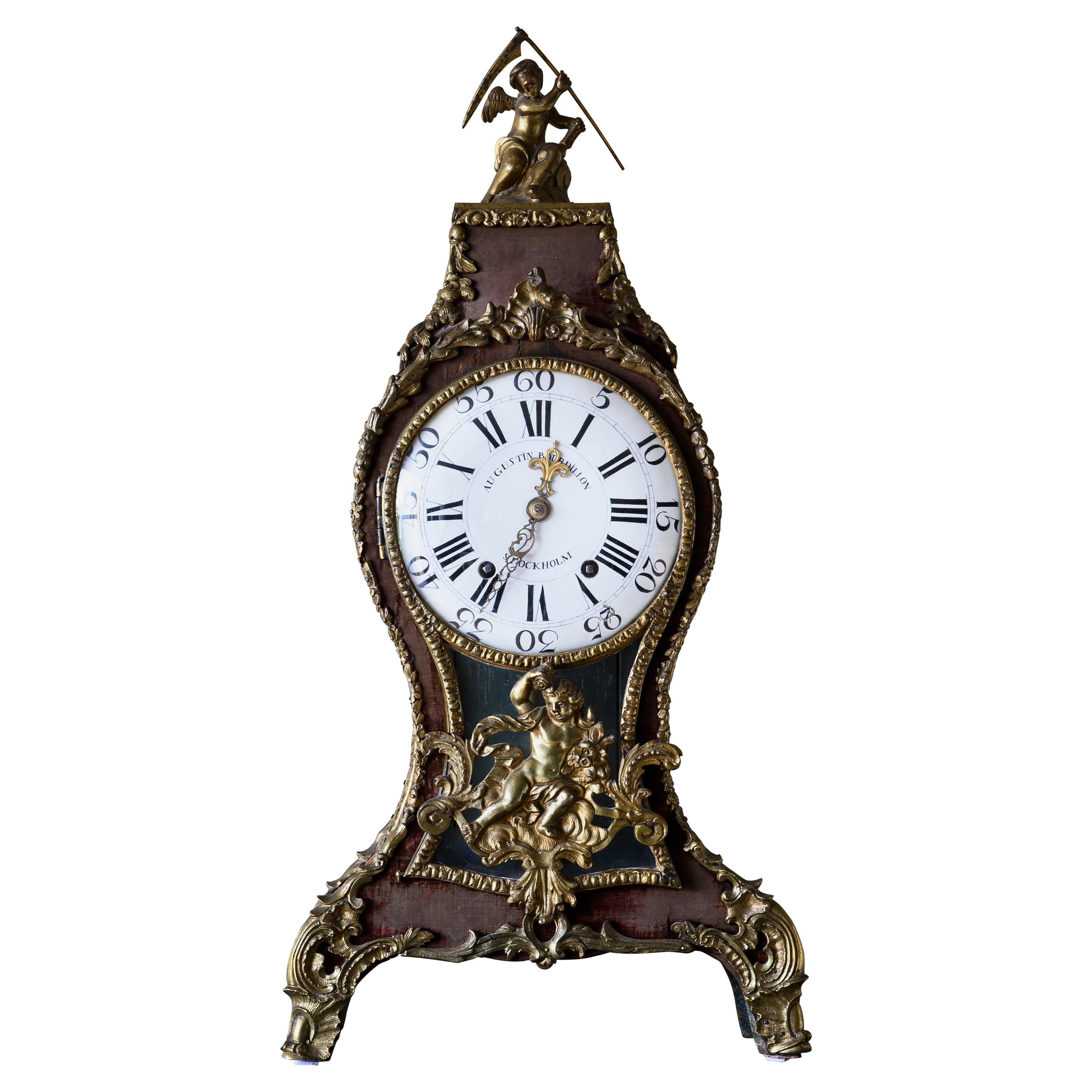 Swedish Rococo Table Clock Signed by Augustin Bourdillon