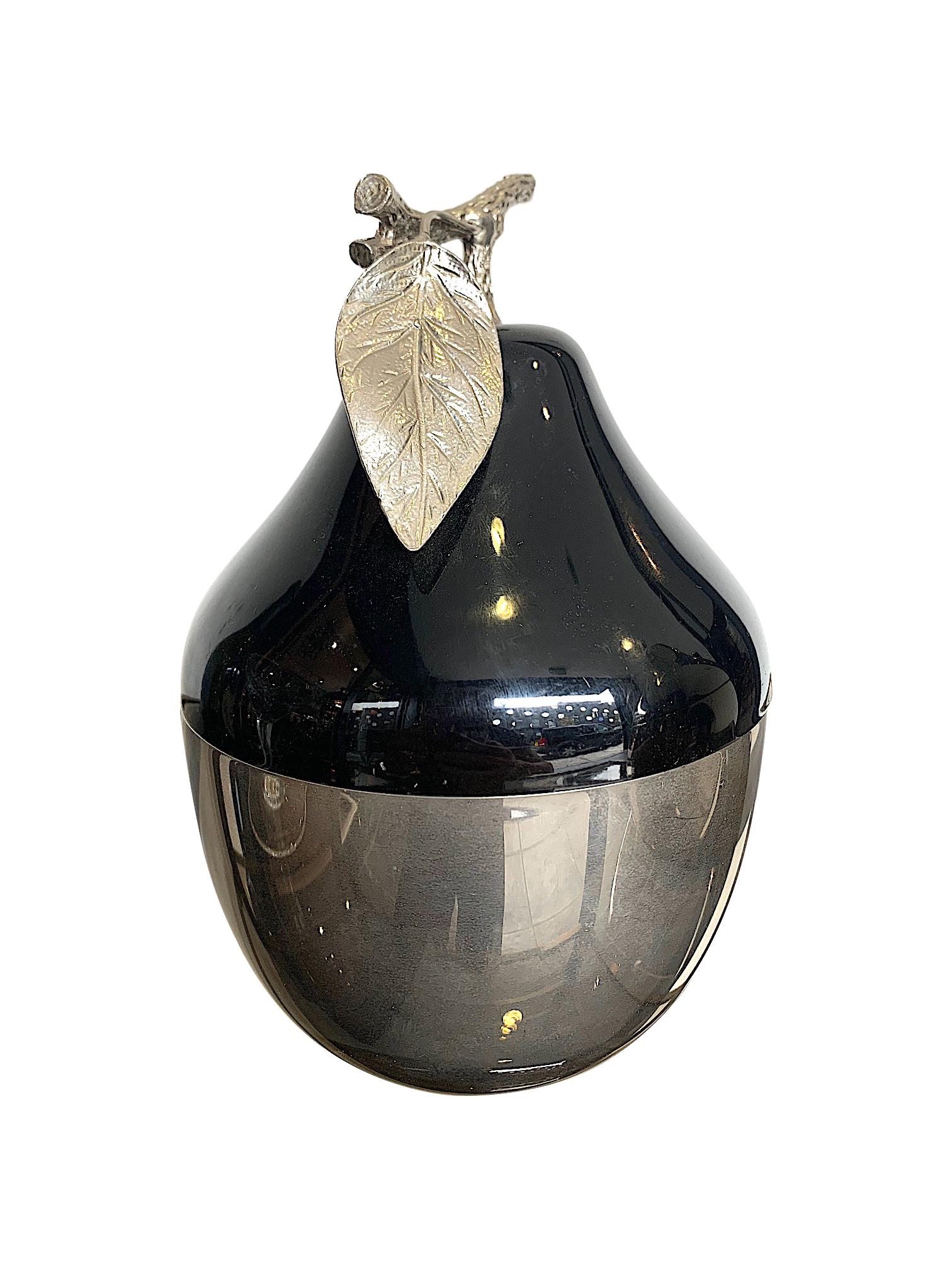 Mid-Century Modern Swiss Chromed and Black Pear Shaped Ice Bucket by Freddotherm with Leaf Handle