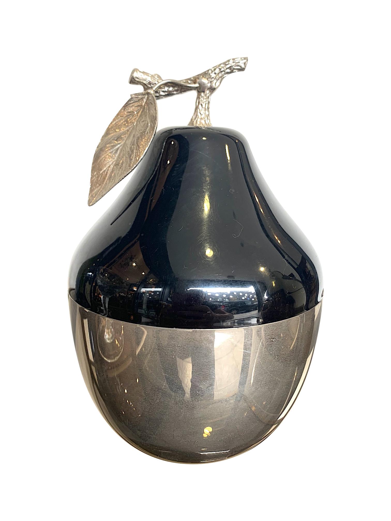 Late 20th Century Swiss Chromed and Black Pear Shaped Ice Bucket by Freddotherm with Leaf Handle