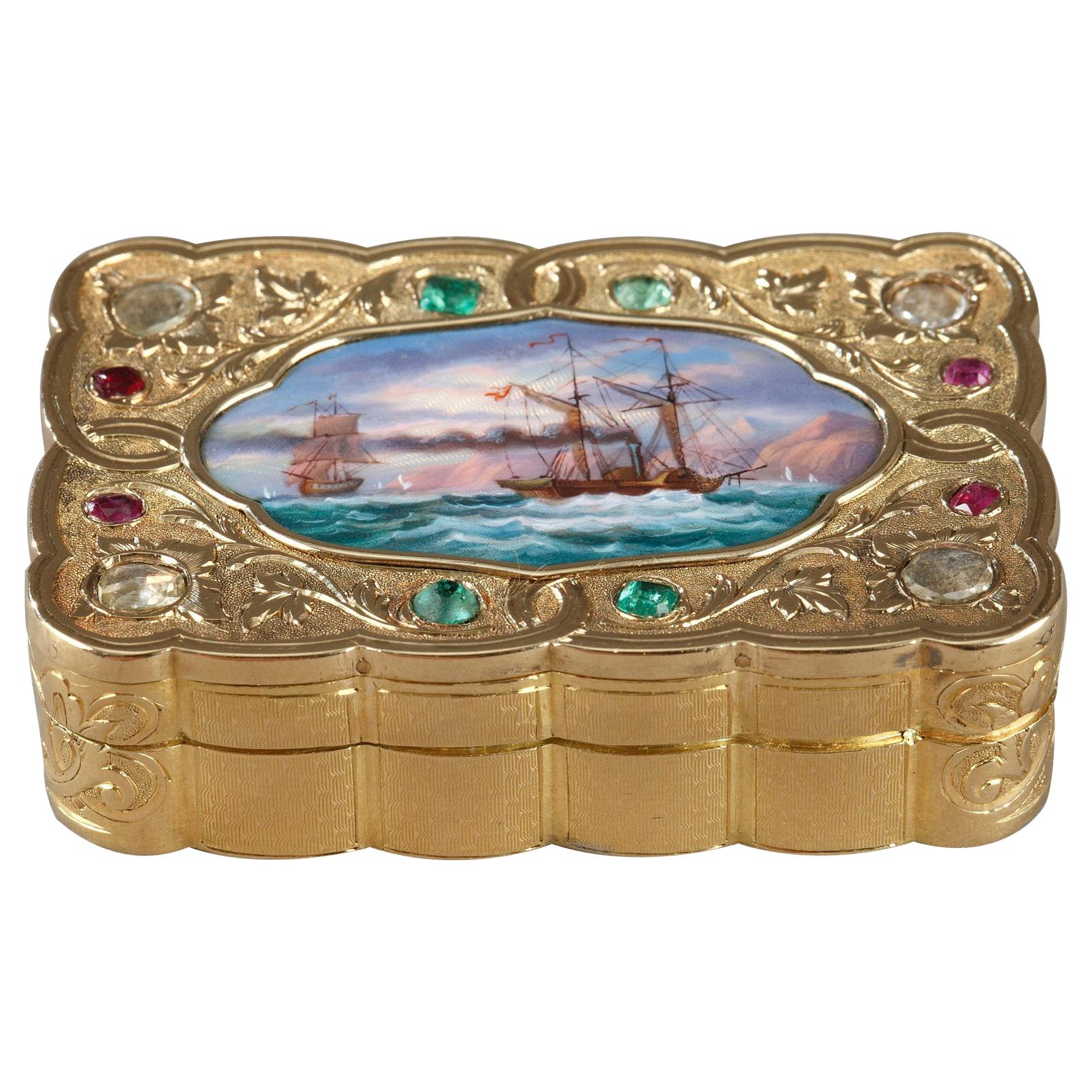 Schweizer Schnupftabakdose aus emailliertem Gold für den orientalischen Markt, ca. 1820-1830 im Angebot