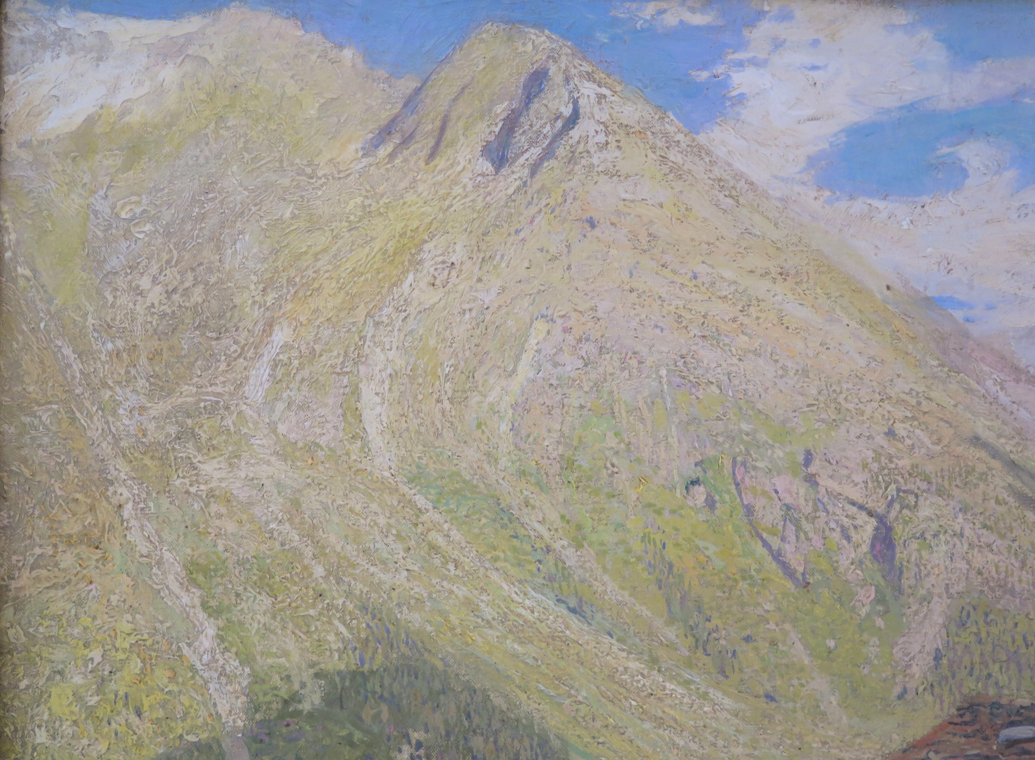 Hand-Painted A Swiss Mountain Landscape by Sydney Lee (English, 1866-1949) For Sale