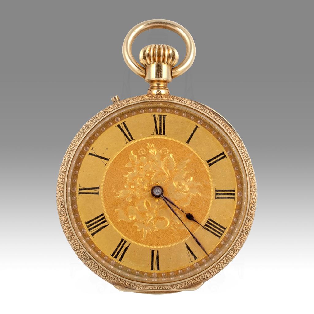 Swiss Open-Faced 18k Gold and Enamel Pocket Watch, by Martin & Marchinville For Sale 3