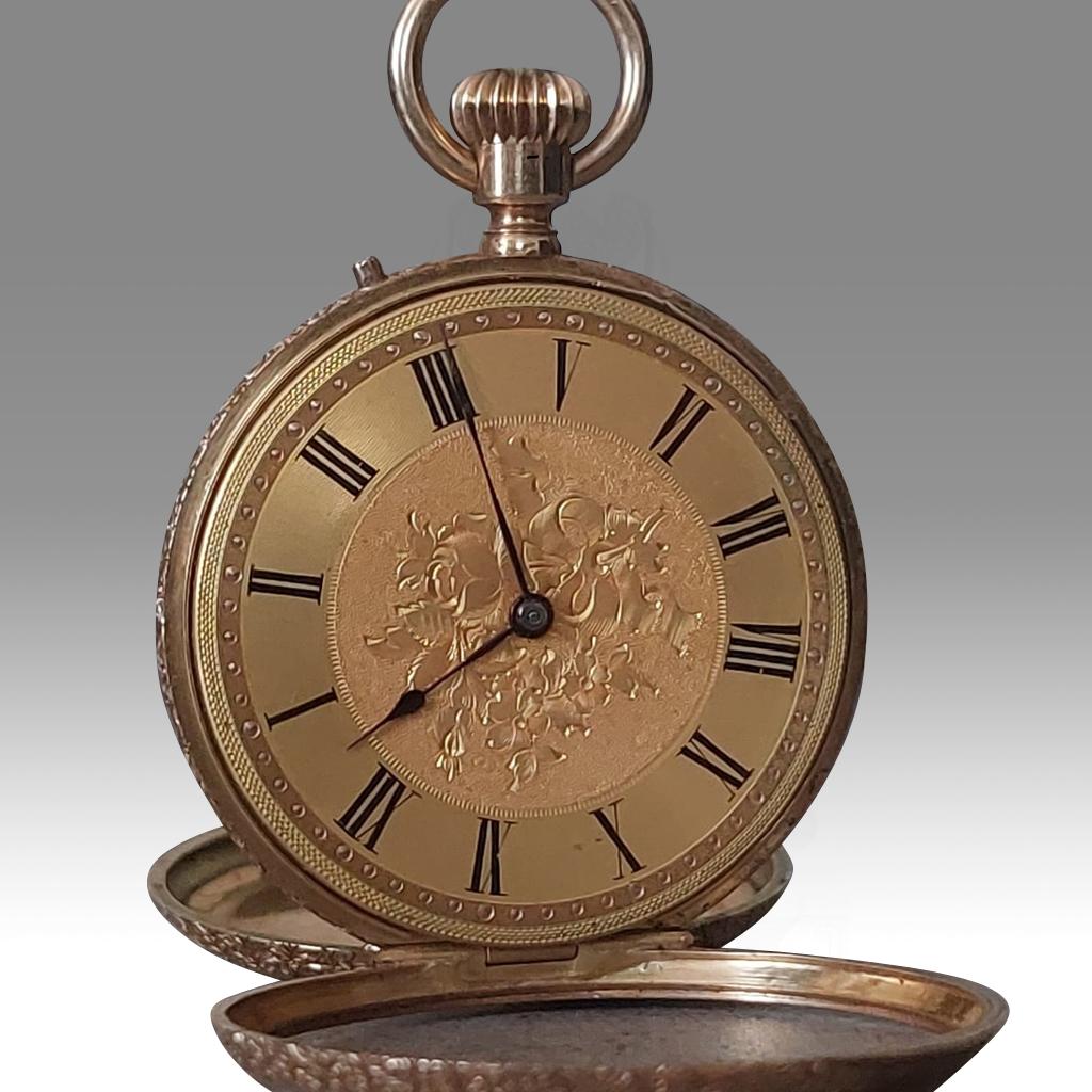 Swiss Open-Faced 18k Gold and Enamel Pocket Watch, by Martin & Marchinville For Sale 4