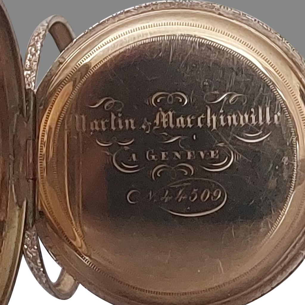Montre de poche suisse à cadran ouvert en or 18 carats et émail, par Martin & Marchinville en vente 8