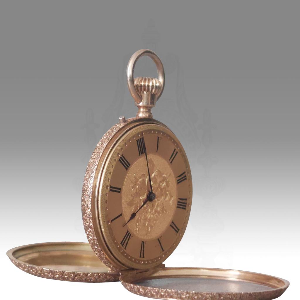 Swiss Open-Faced 18k Gold and Enamel Pocket Watch, by Martin & Marchinville For Sale 6