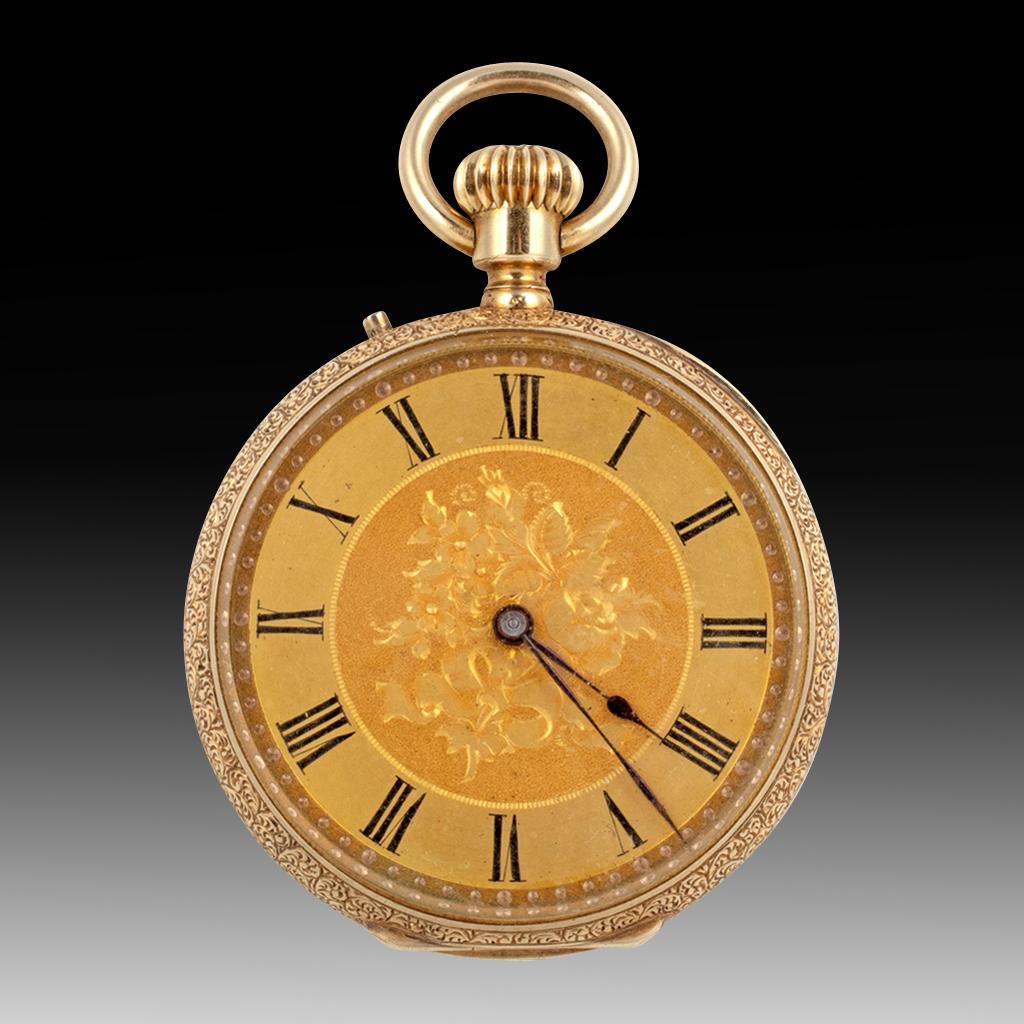 Montre de poche suisse à cadran ouvert en or 18 carats et émail, par Martin & Marchinville Bon état - En vente à London, GB