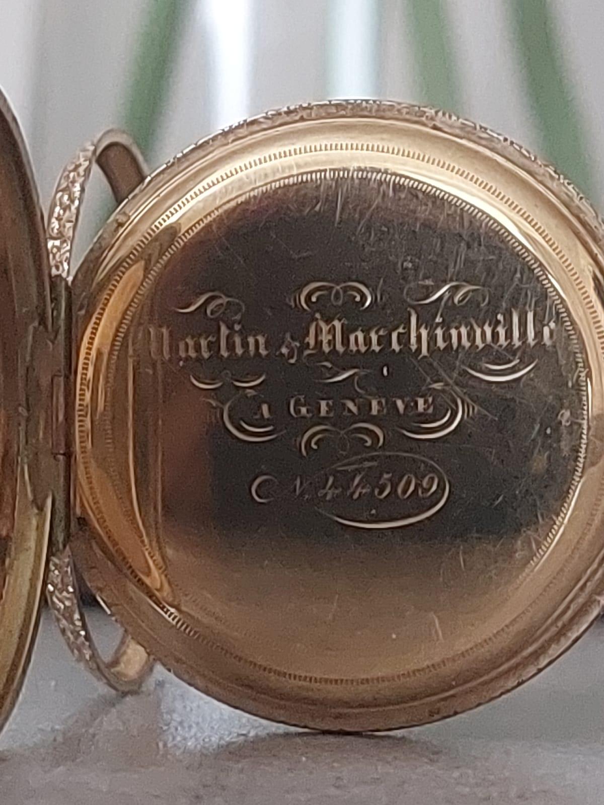 Montre de poche suisse à cadran ouvert en or 18 carats et émail, par Martin & Marchinville en vente 1