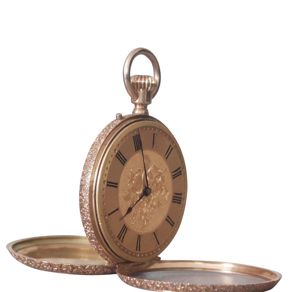 Swiss Open-Faced 18k Gold and Enamel Pocket Watch, by Martin & Marchinville In Good Condition For Sale In London, GB