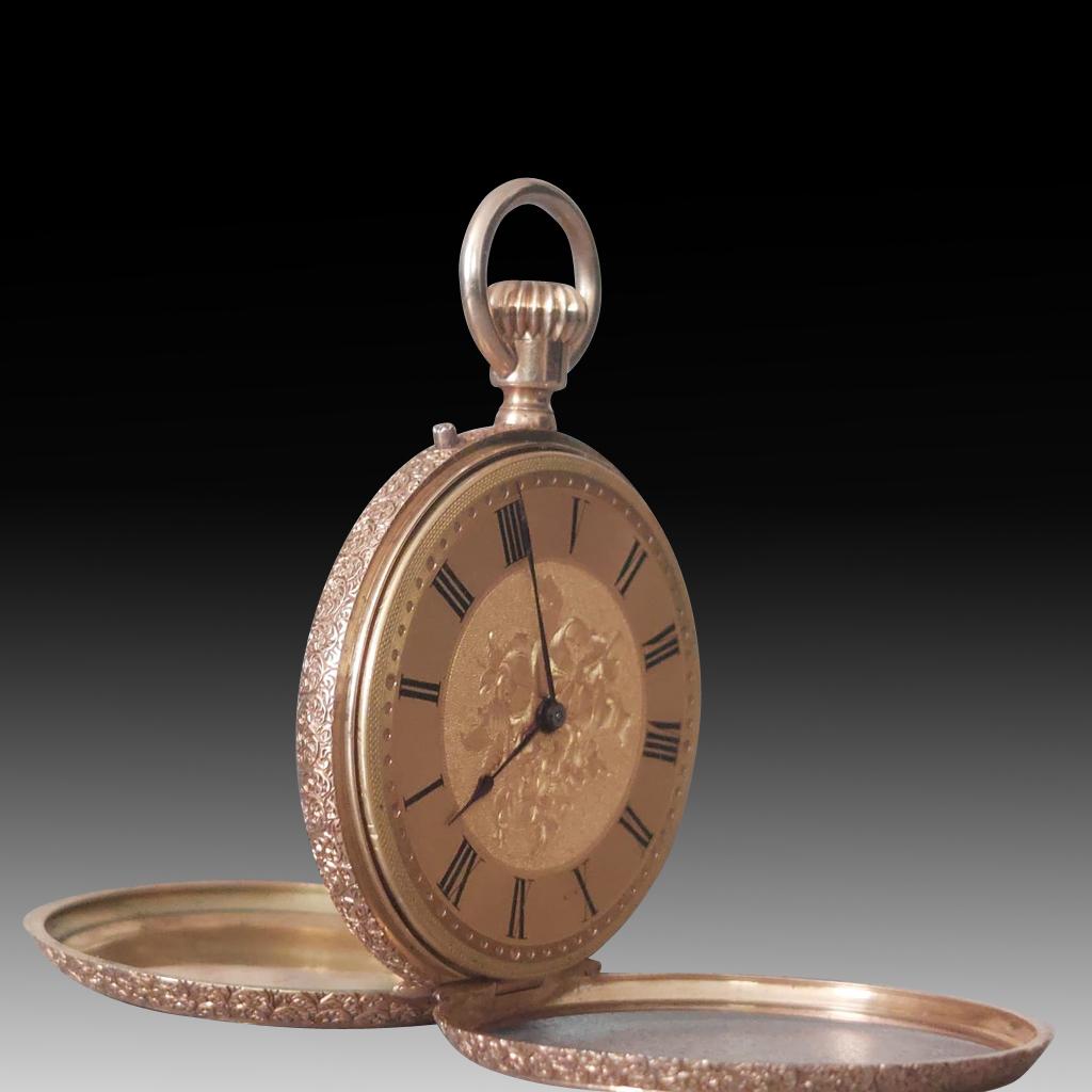 Swiss Open-Faced 18k Gold and Enamel Pocket Watch, by Martin & Marchinville For Sale 1