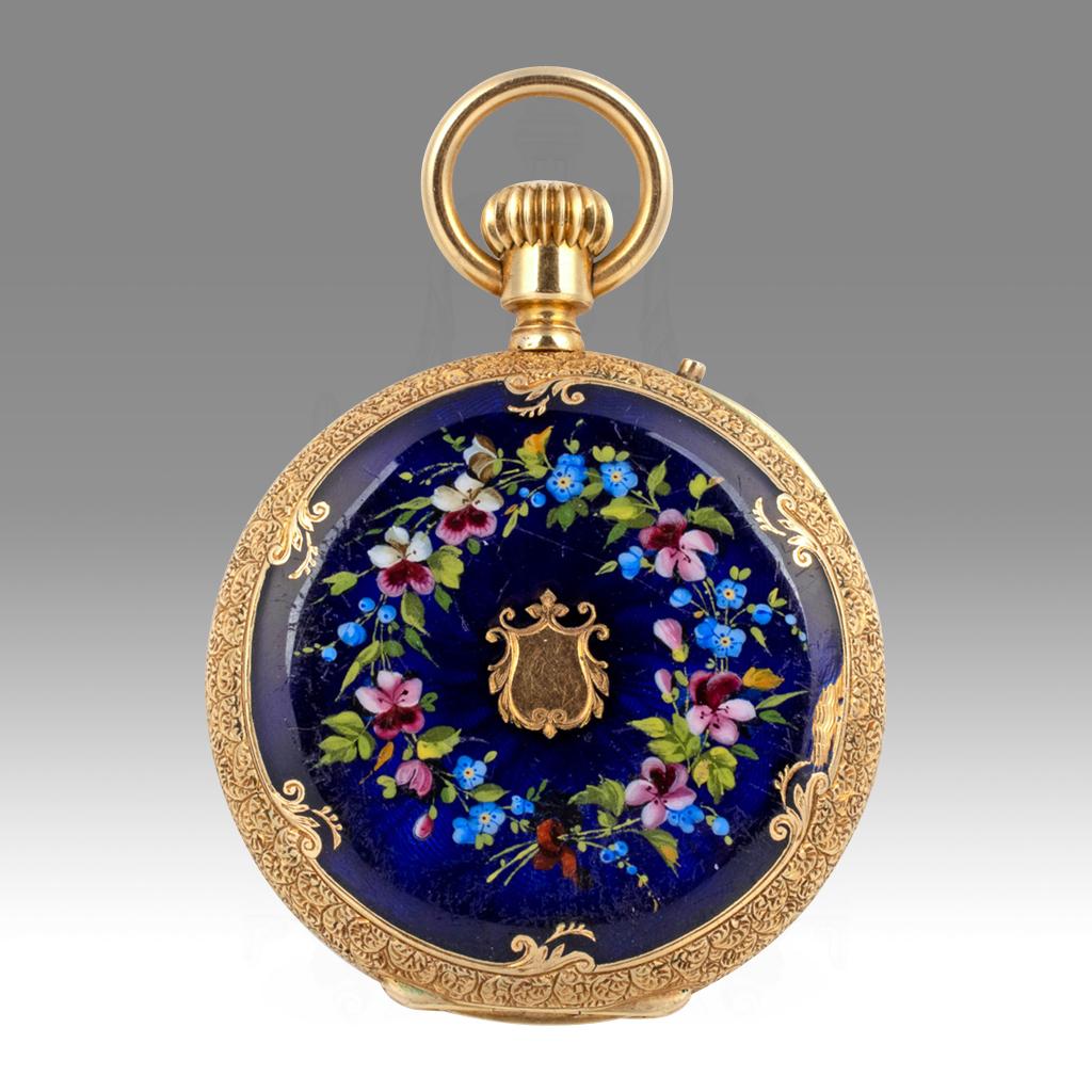 Swiss Open-Faced 18k Gold and Enamel Pocket Watch, by Martin & Marchinville For Sale 2