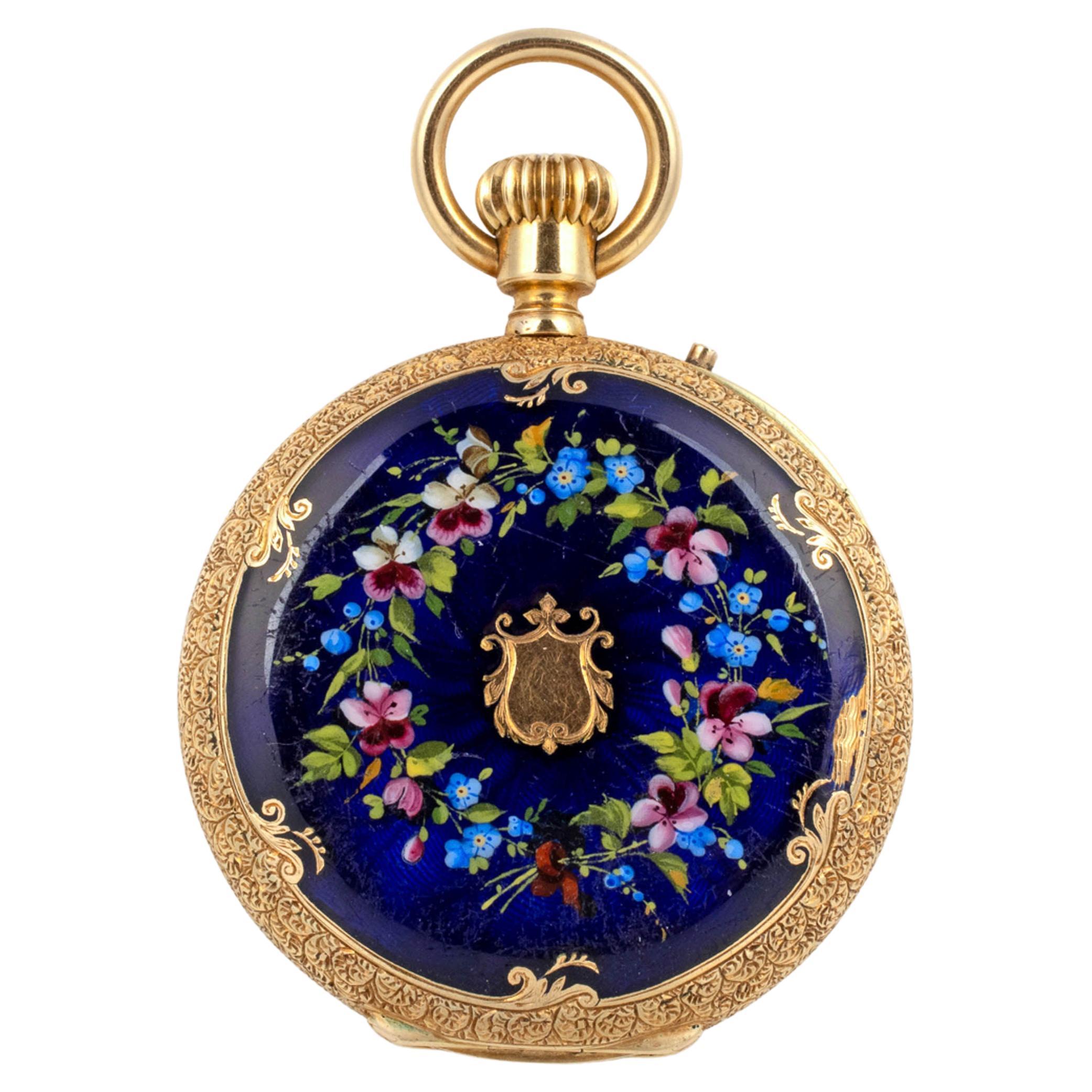 Swiss Open-Faced 18k Gold and Enamel Pocket Watch, by Martin & Marchinville