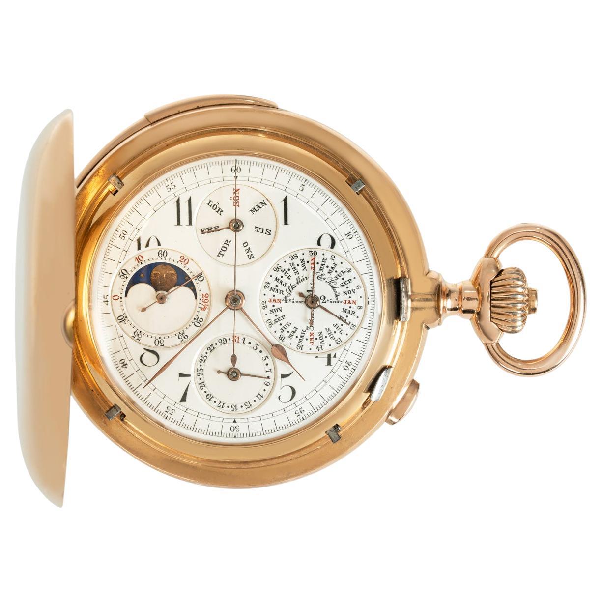 A Swiss Perpetual Minute Repeater Chronograph Full Hunter Pocket Watch C1900 For Sale
