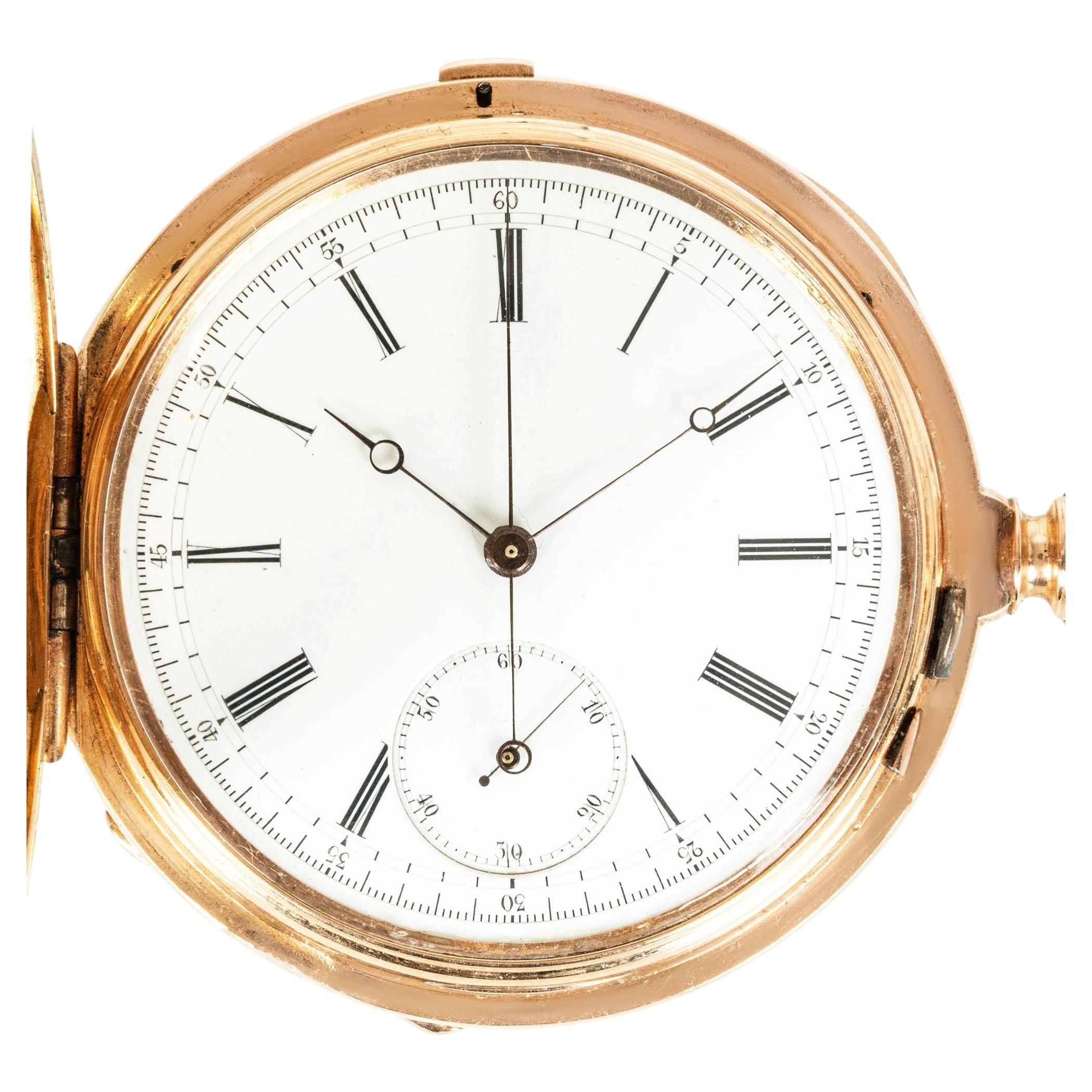 A Swiss Rose Gold Hunter Chronograph 50mm White Roman Dial C1890 For Sale