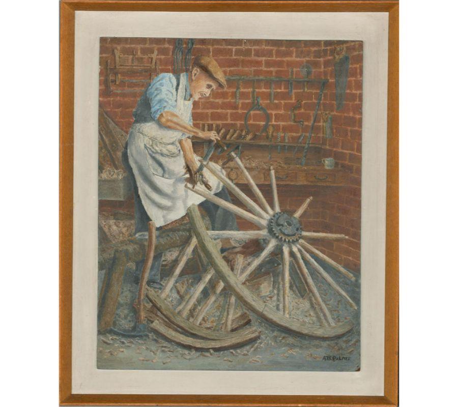 A fine oil interior scene showing a man in an apron working on a large cartwheel. His tools are hung up behind him on the brick wall.

The artist has signed to the lower right corner and there is a label at the back of the frame with information on