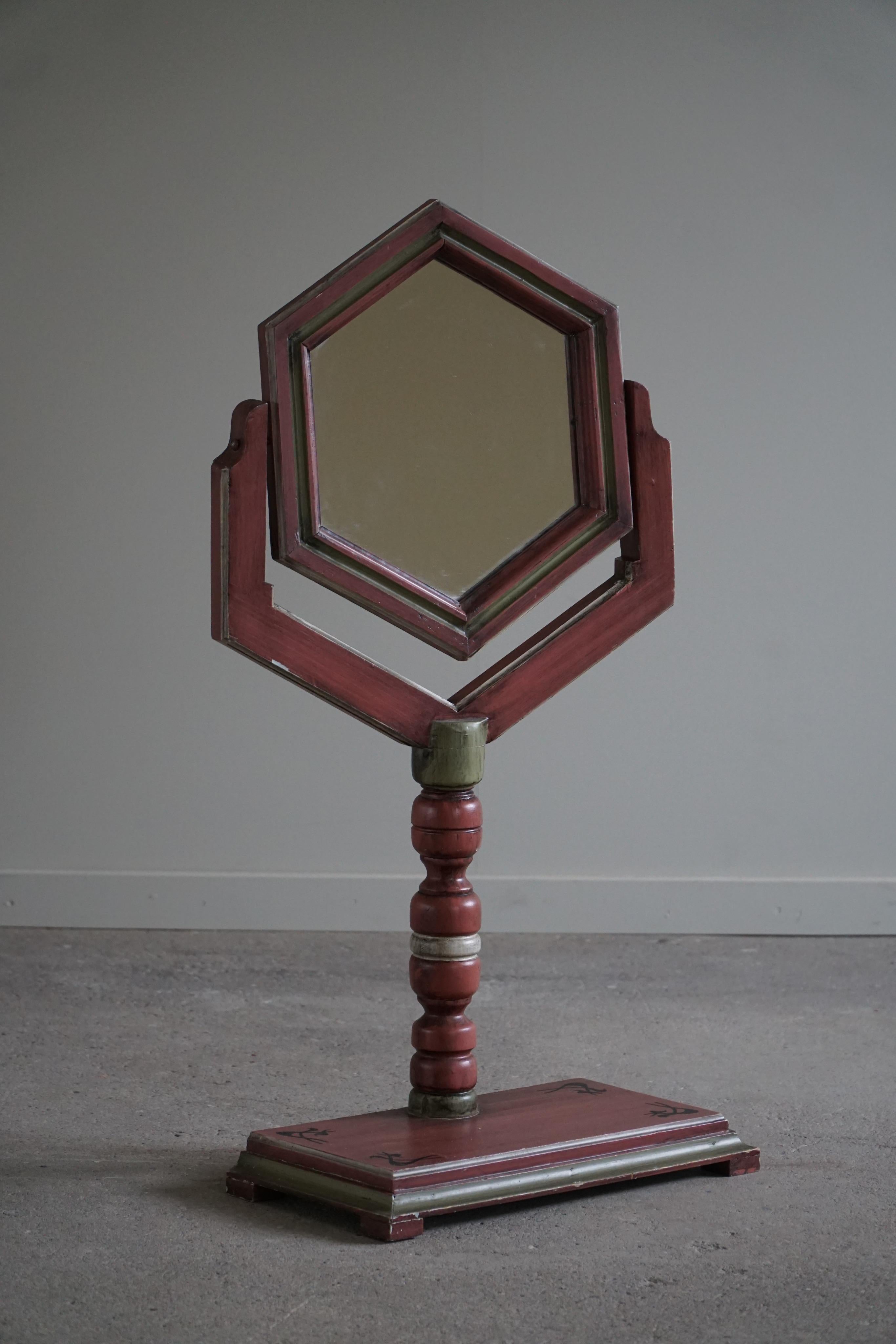 Primitive A Table Mirror in Pine by a Swedish Cabinetmaker, Folk Art, Early 20th Century For Sale