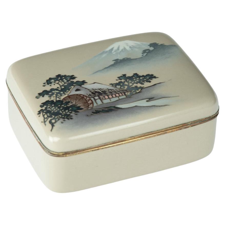A Taisho period cloisonné box and cover with a watermill and Mount Fuji For Sale