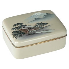Vintage A Taisho period cloisonné box and cover with a watermill and Mount Fuji