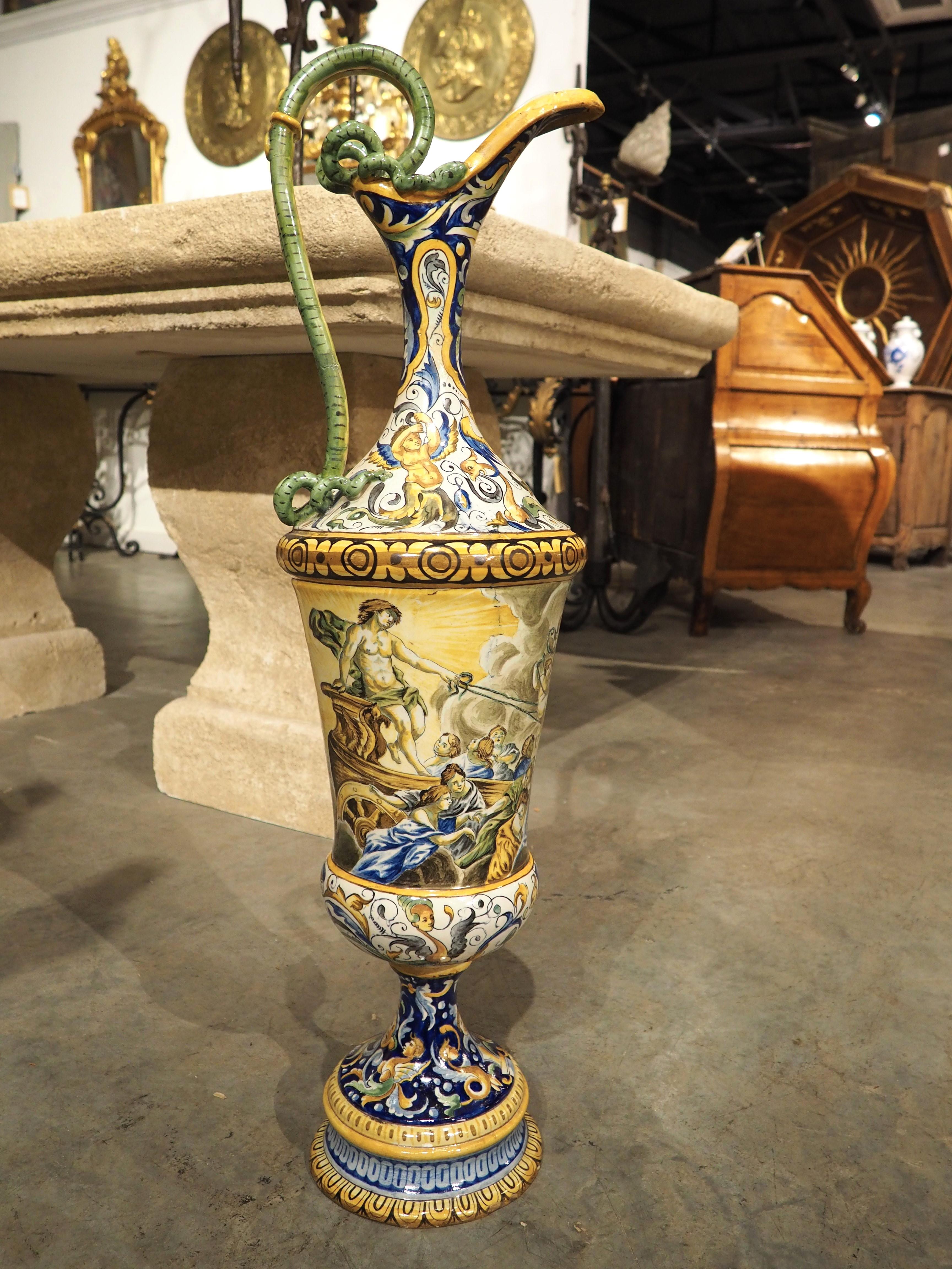 A Tall and Slender Antique Hand Painted Italian Majolica Ewer, Naples Circa 1870 For Sale 14
