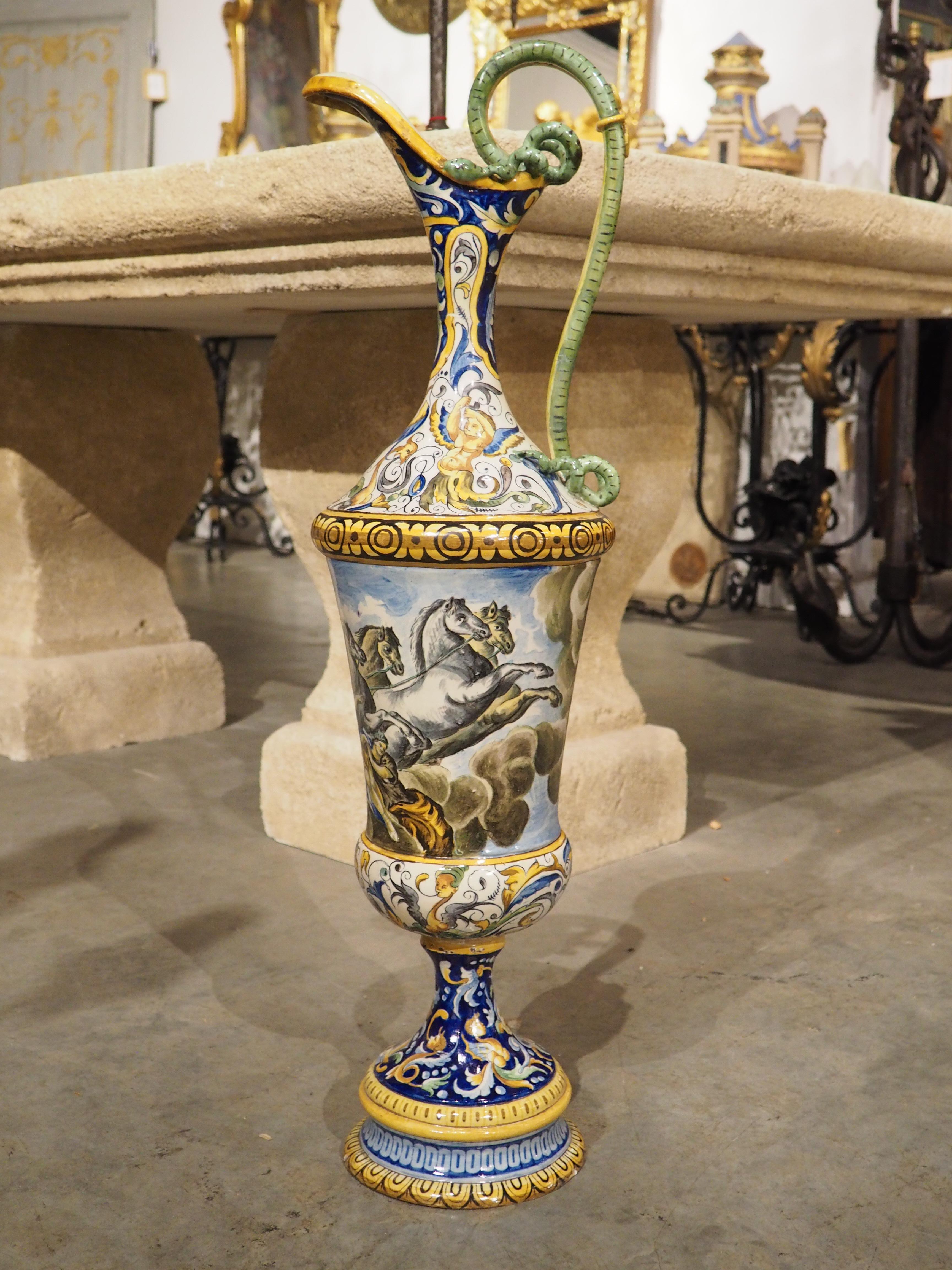 A Tall and Slender Antique Hand Painted Italian Majolica Ewer, Naples Circa 1870 In Good Condition For Sale In Dallas, TX