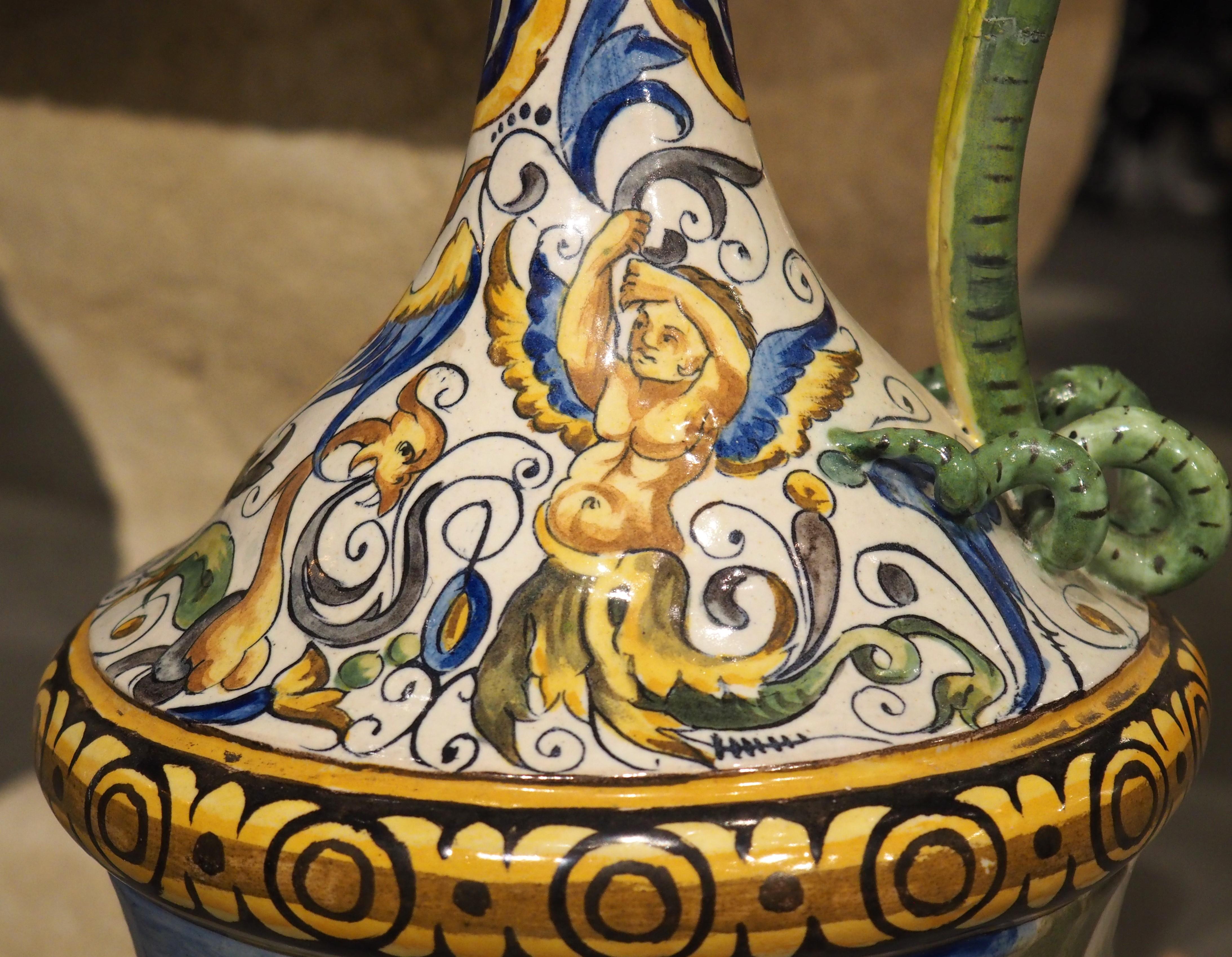A Tall and Slender Antique Hand Painted Italian Majolica Ewer, Naples Circa 1870 For Sale 2