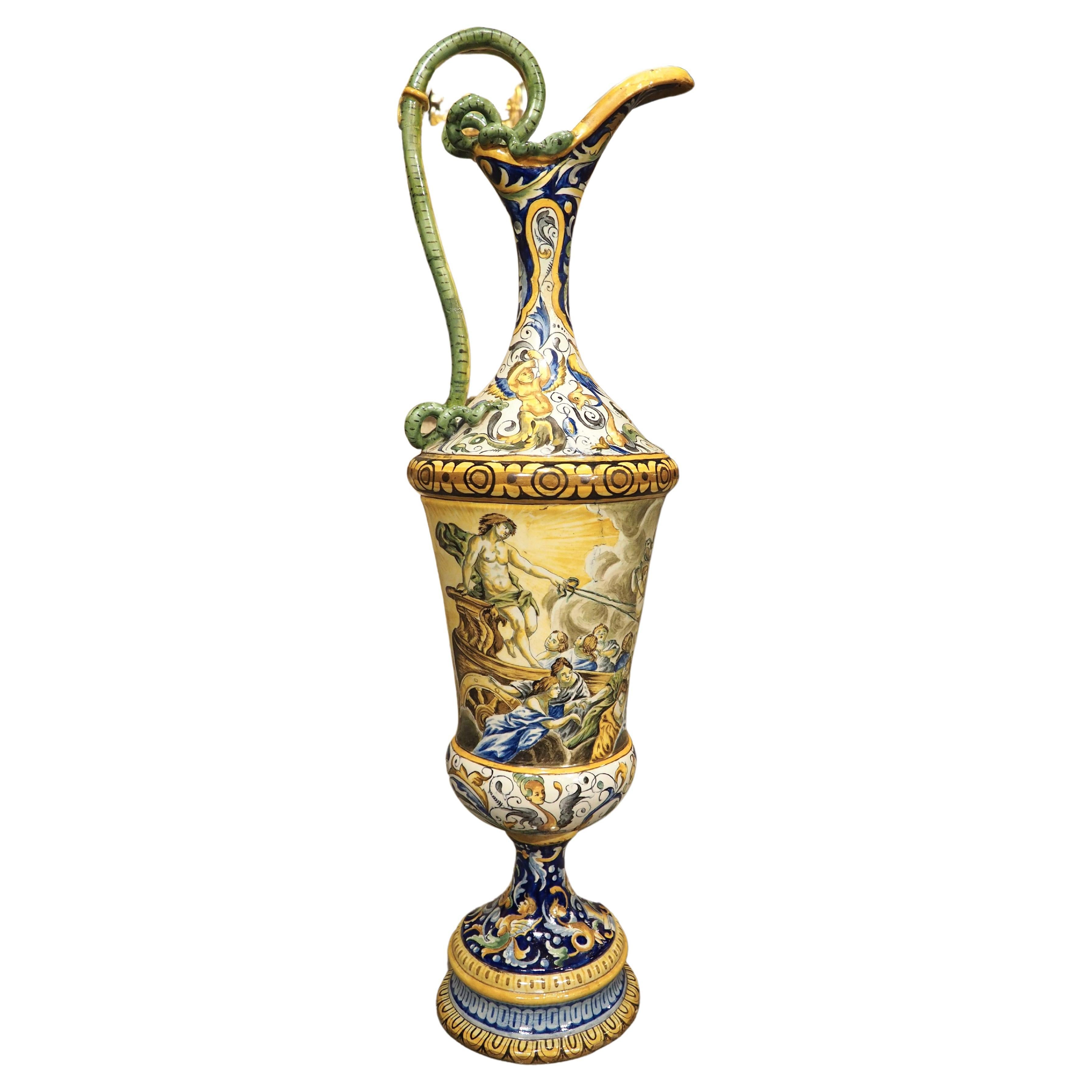 A Tall and Slender Antique Hand Painted Italian Majolica Ewer, Naples Circa 1870 For Sale