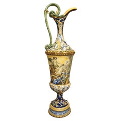 A Tall and Slender Used Hand Painted Italian Majolica Ewer, Naples Circa 1870