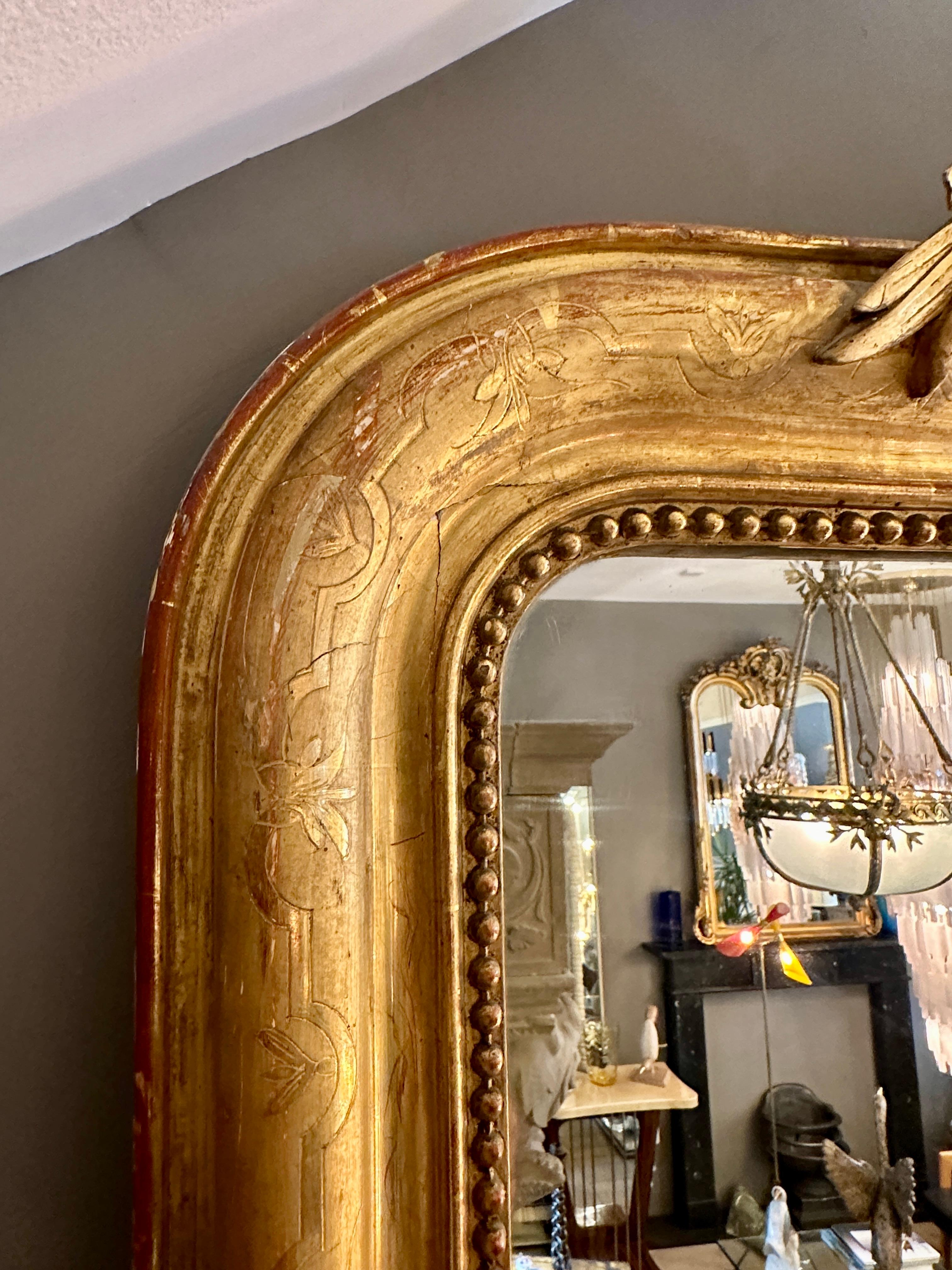A Tall Antique Gold Gilt French Crested Mirror 4