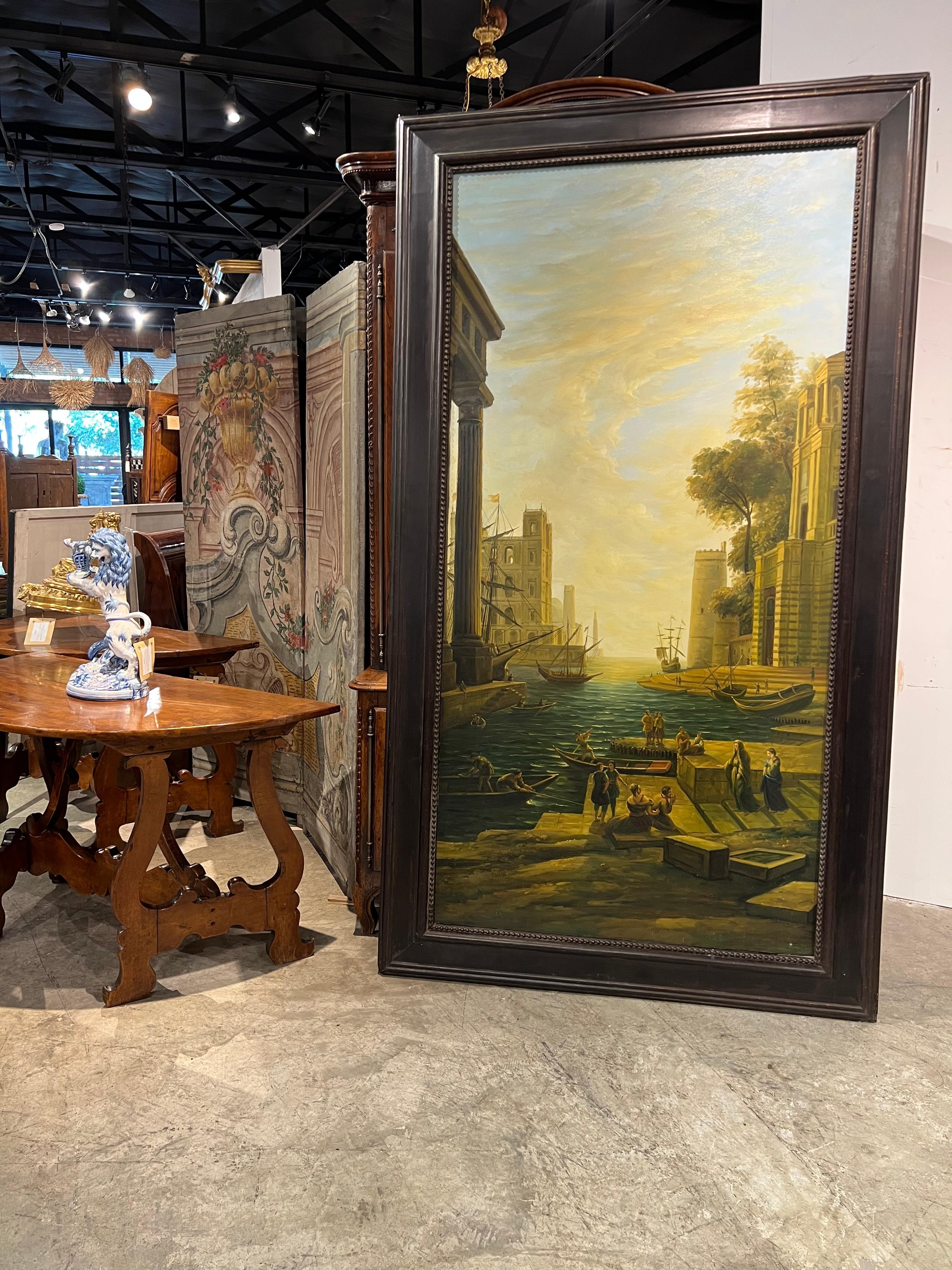 Weitere Informationen folgen in Kürze...

Dieses große Gemälde in Öl auf Leinwand nach Claude Lorrain misst über siebeneinhalb Fuß.  Das italienische Gemälde stellt die Einschiffung in Ostia dar.