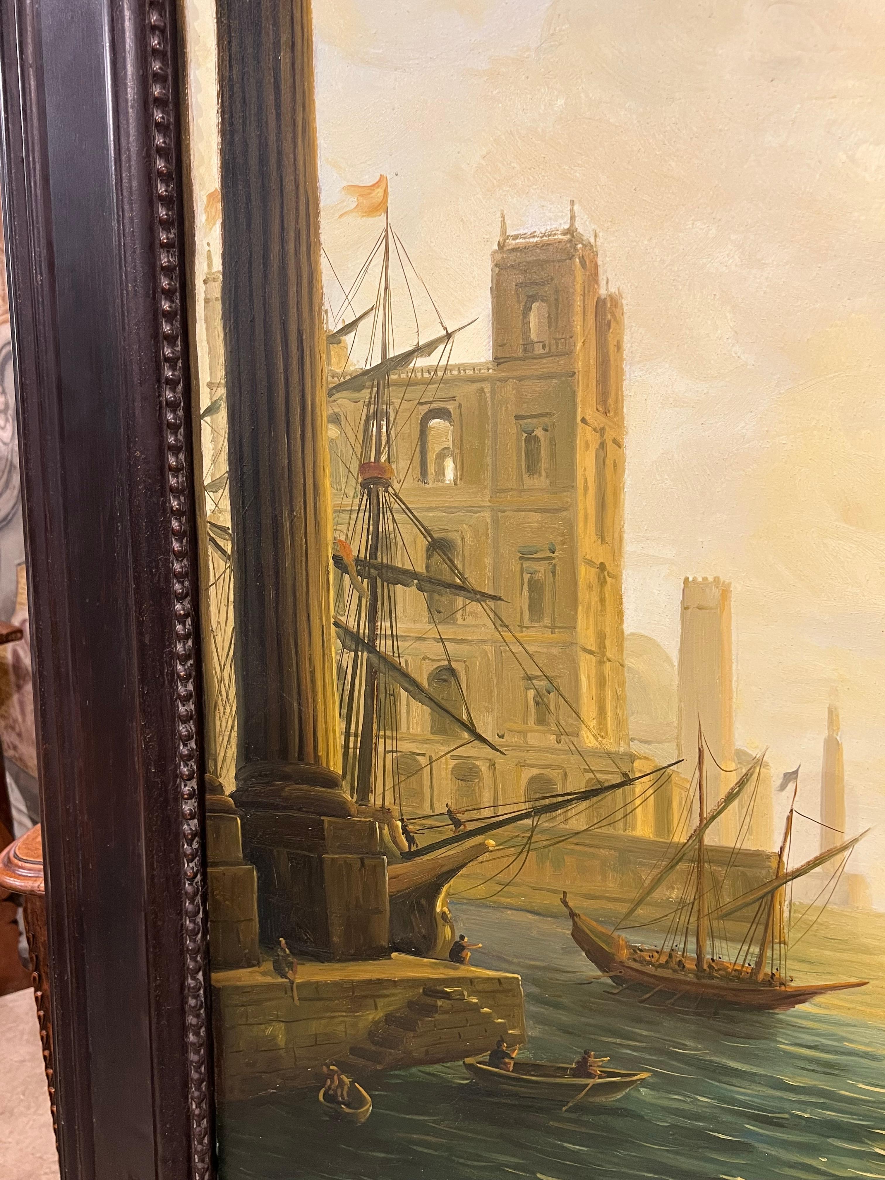 Ein großes antikes italienisches Öl auf Leinwand, Einschiffung in Ostia, um 1890, H-90 3/8 in (Handgeschnitzt) im Angebot