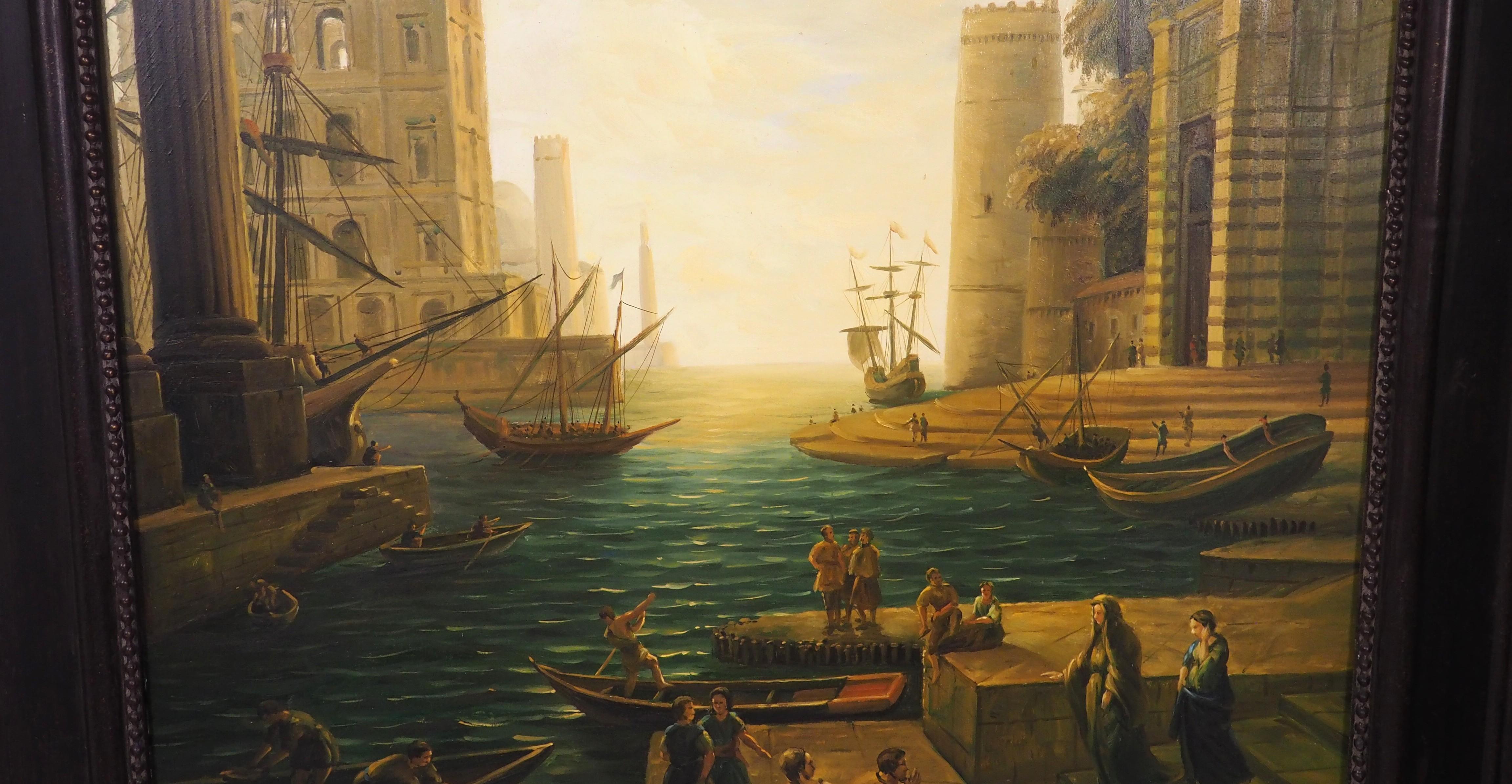 Ein großes antikes italienisches Öl auf Leinwand, Einschiffung in Ostia, um 1890, H-90 3/8 in im Zustand „Gut“ im Angebot in Dallas, TX