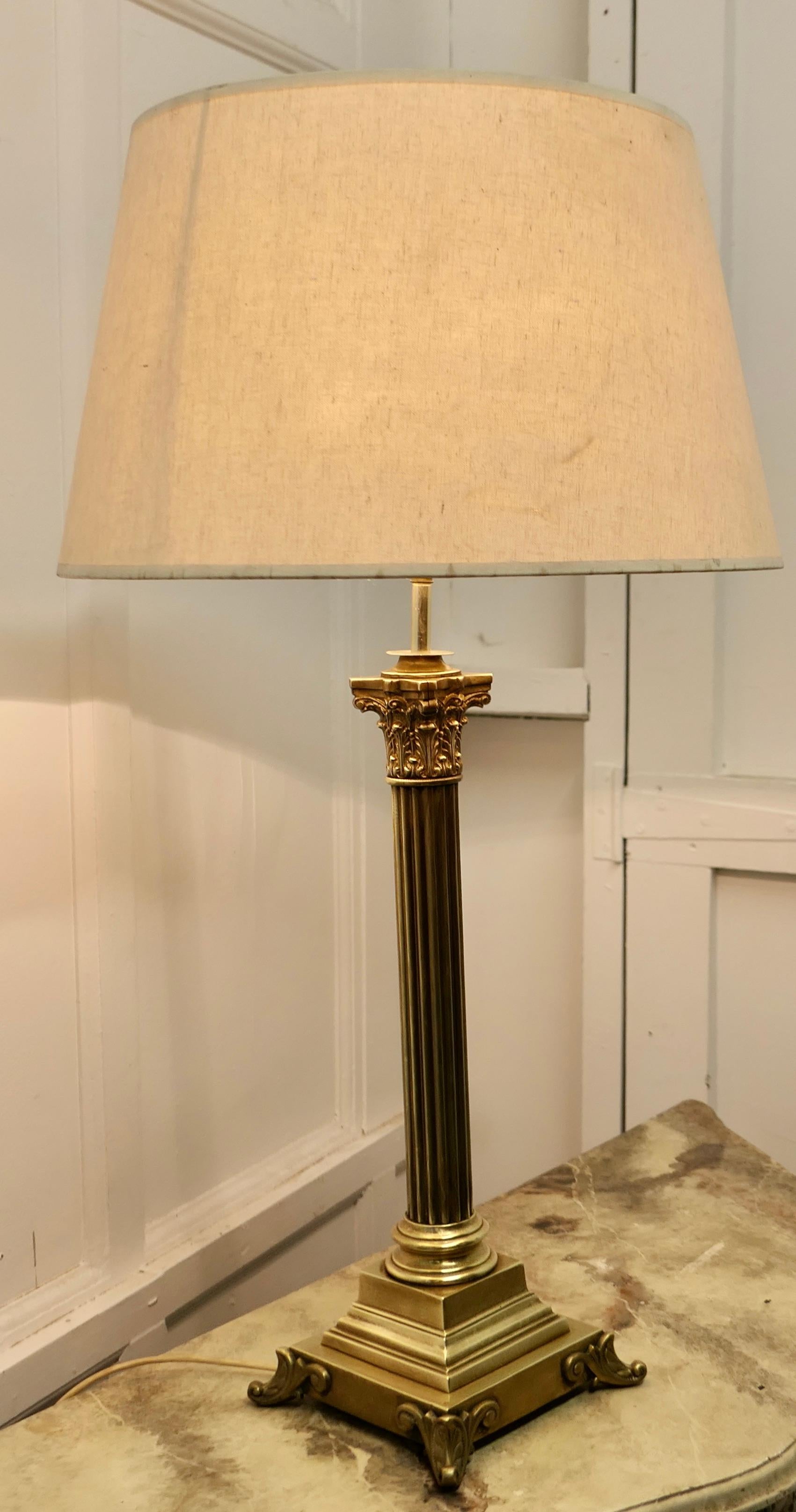 Adam Style Tall Brass Corinthian Column Table Lamp with Shade For Sale