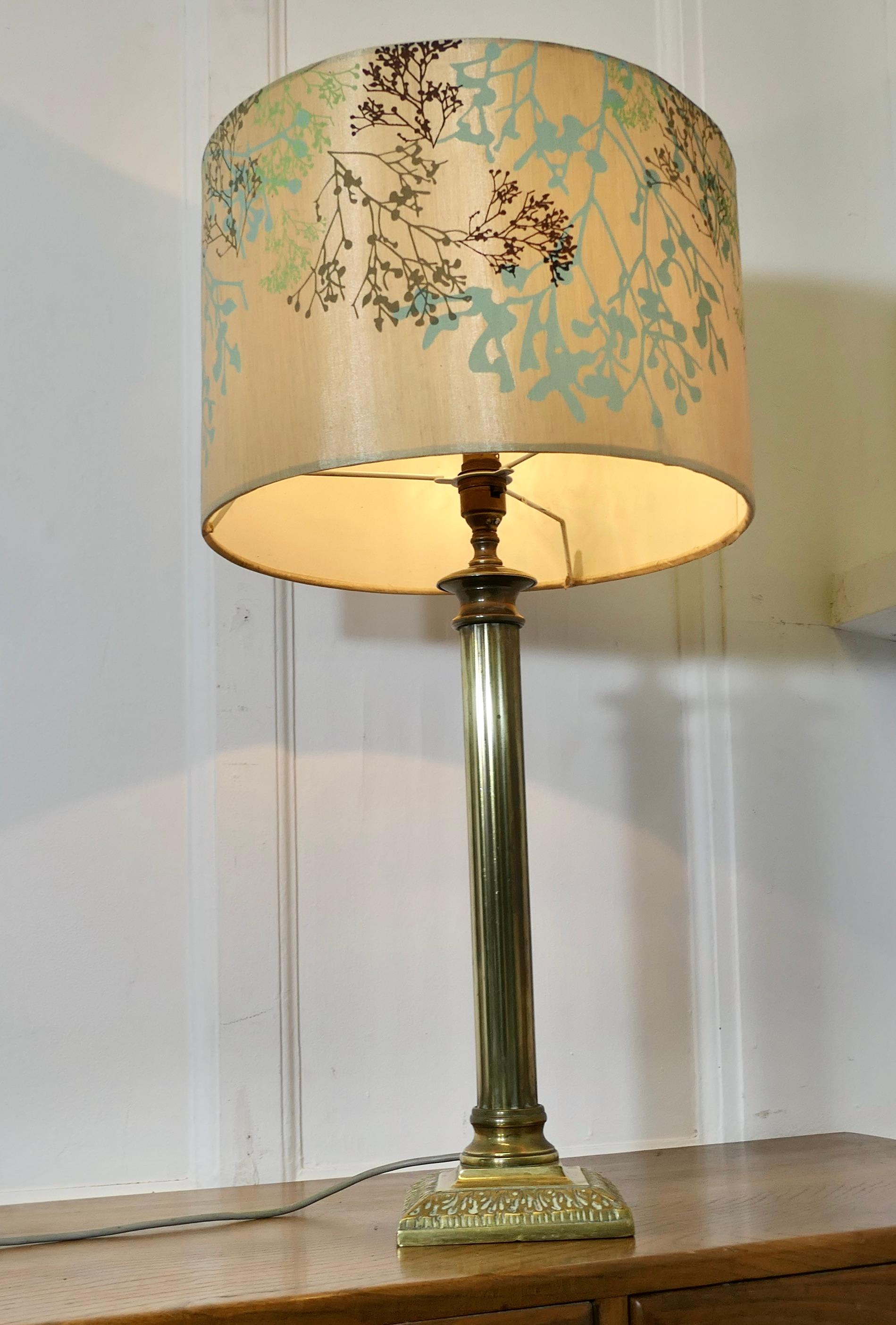 Adam Style A Tall Brass Corinthian Column Table Lamp with Shade   For Sale