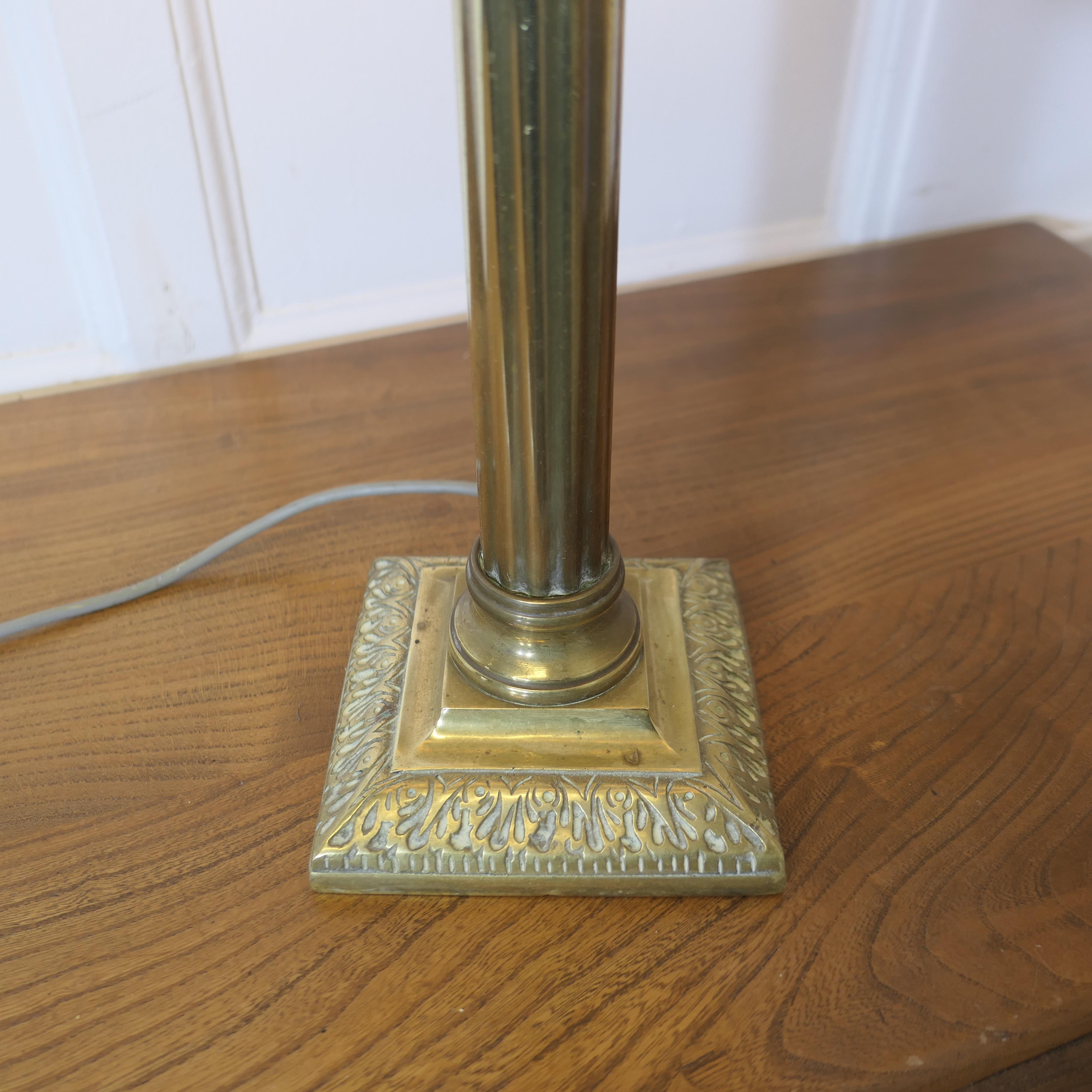 Early 20th Century A Tall Brass Corinthian Column Table Lamp with Shade   For Sale