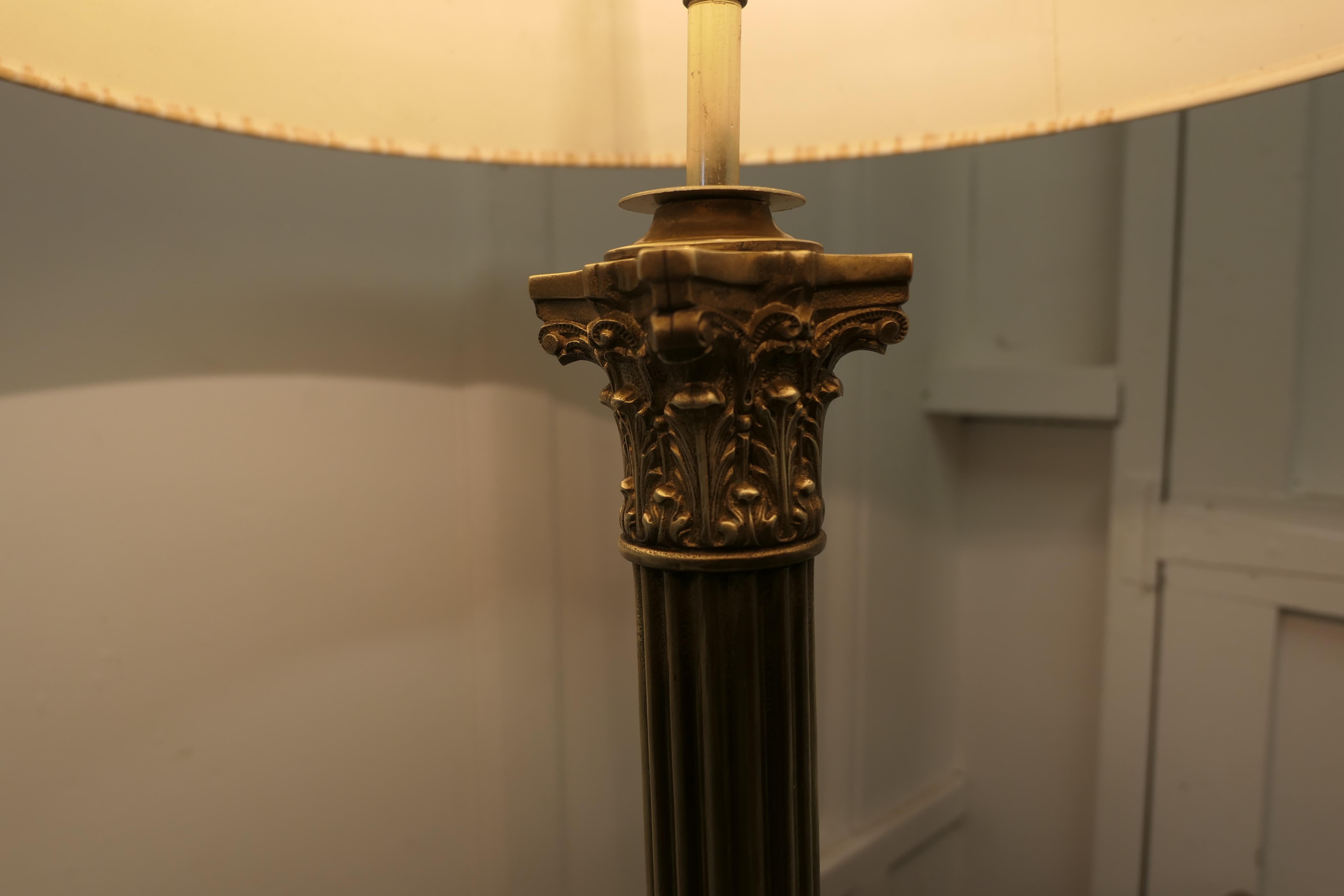 Tall Brass Corinthian Column Table Lamp with Shade For Sale 3