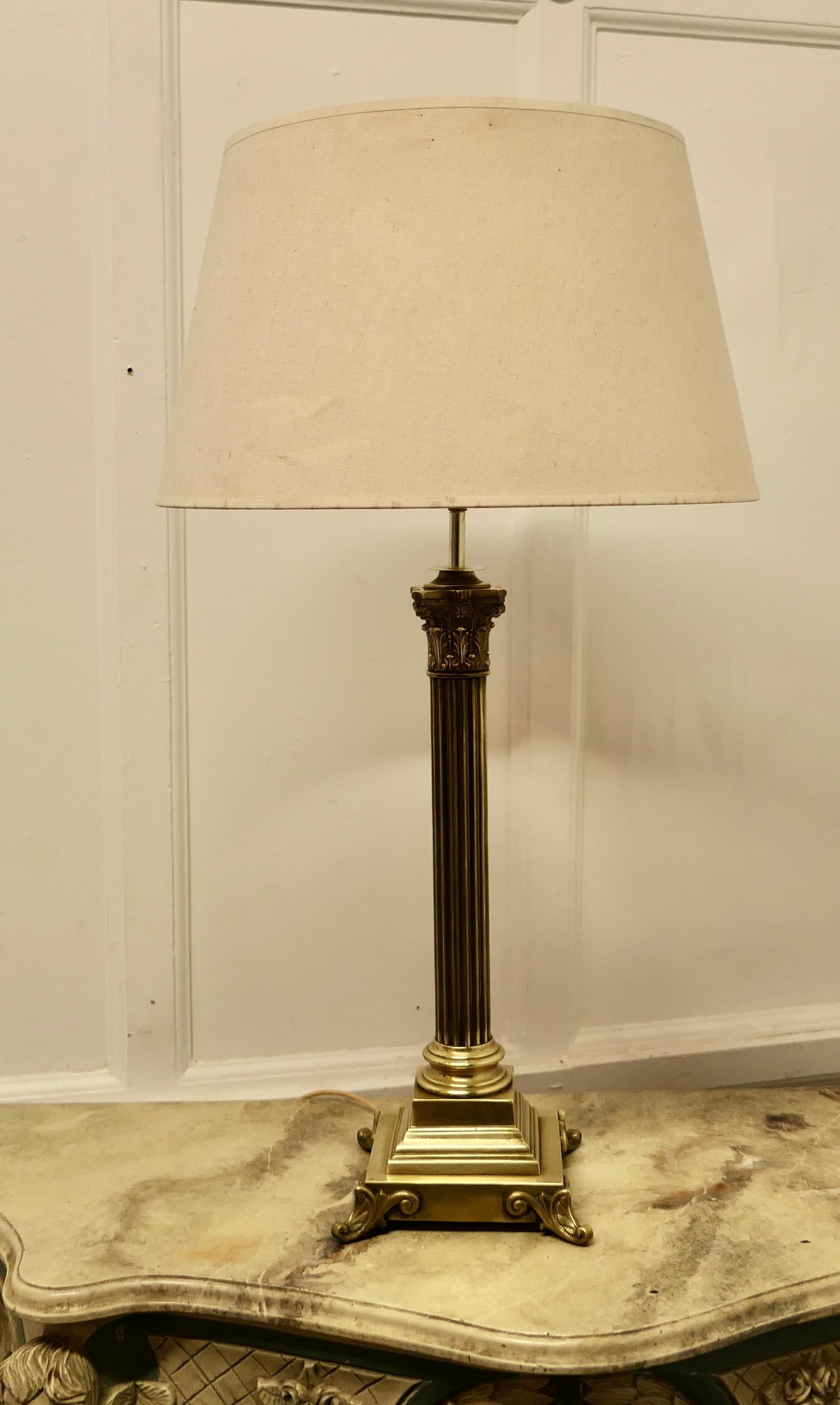 Tall Brass Corinthian Column Table Lamp with Shade For Sale 4