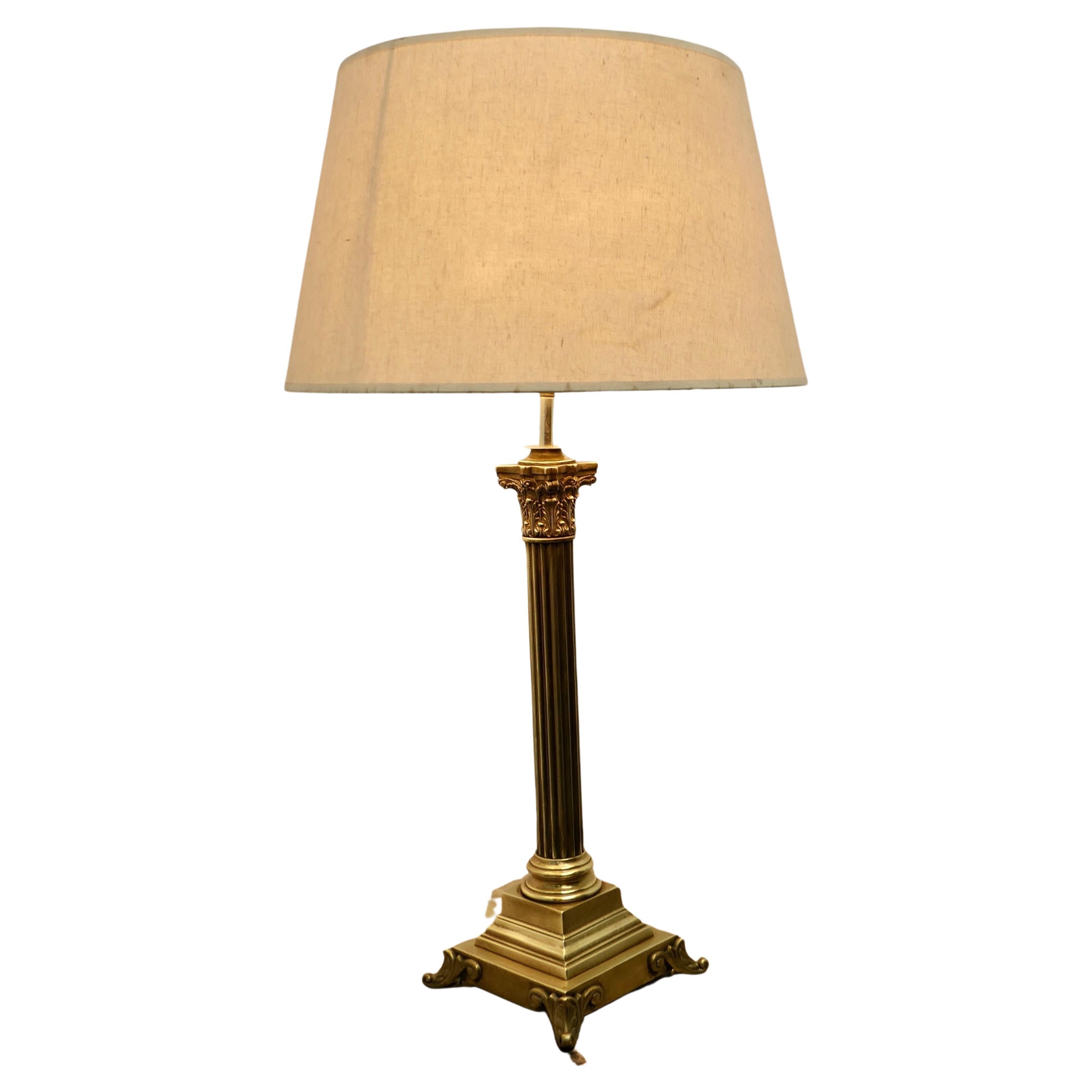 Tall Brass Corinthian Column Table Lamp with Shade For Sale