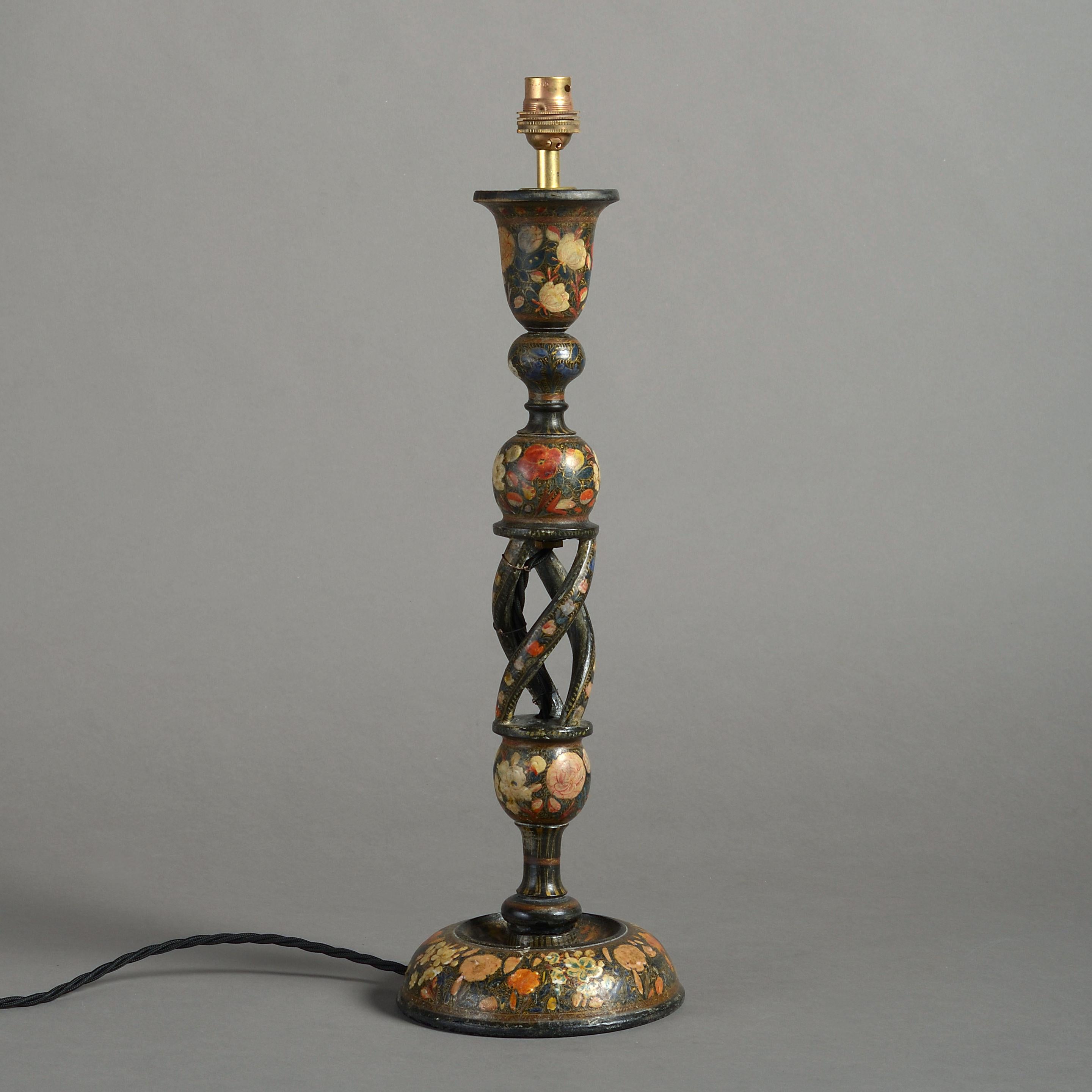 An early 20th century Kashmiri candlestick table lamp base, having a turned body with floral decoration throughout.