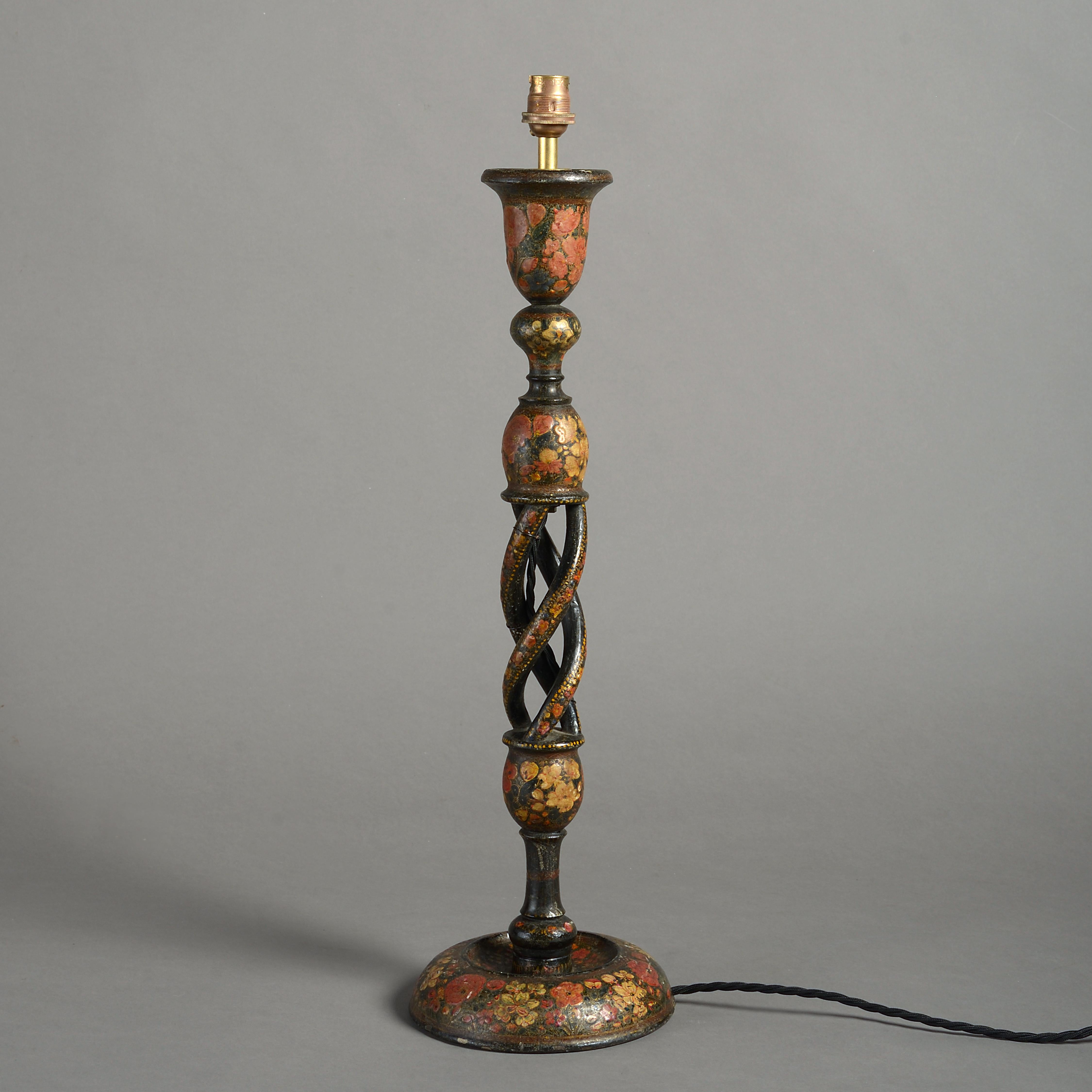 An early 20th century Kashmiri candlestick table lamp base, having a turned body with floral decoration throughout.