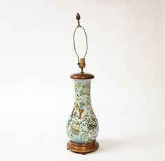 Tall English Chinoiserie Celadon Decalcomania Glass Lamp