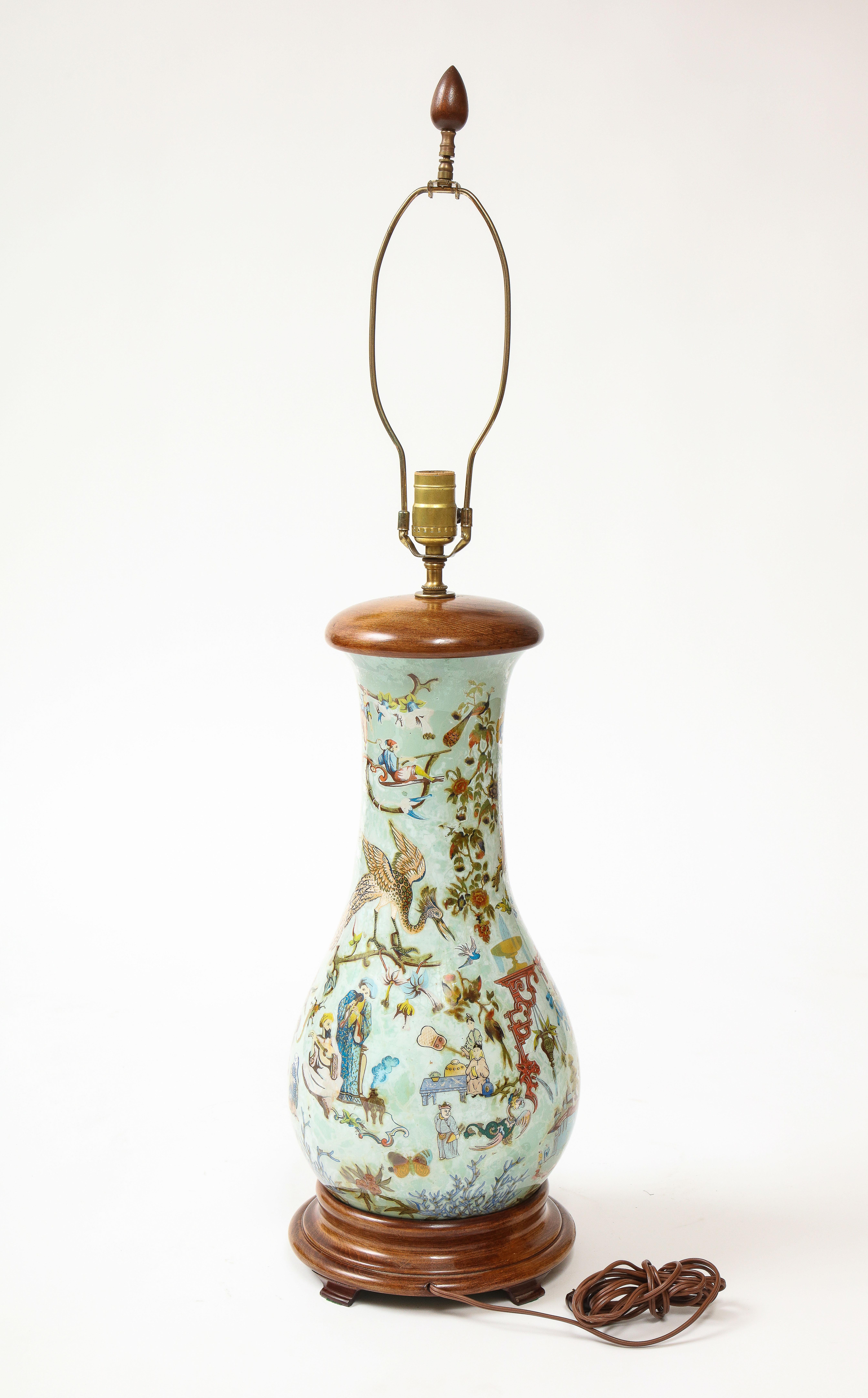 Hand-Painted Tall English Chinoiserie Celadon Decalcomania Glass Lamp For Sale