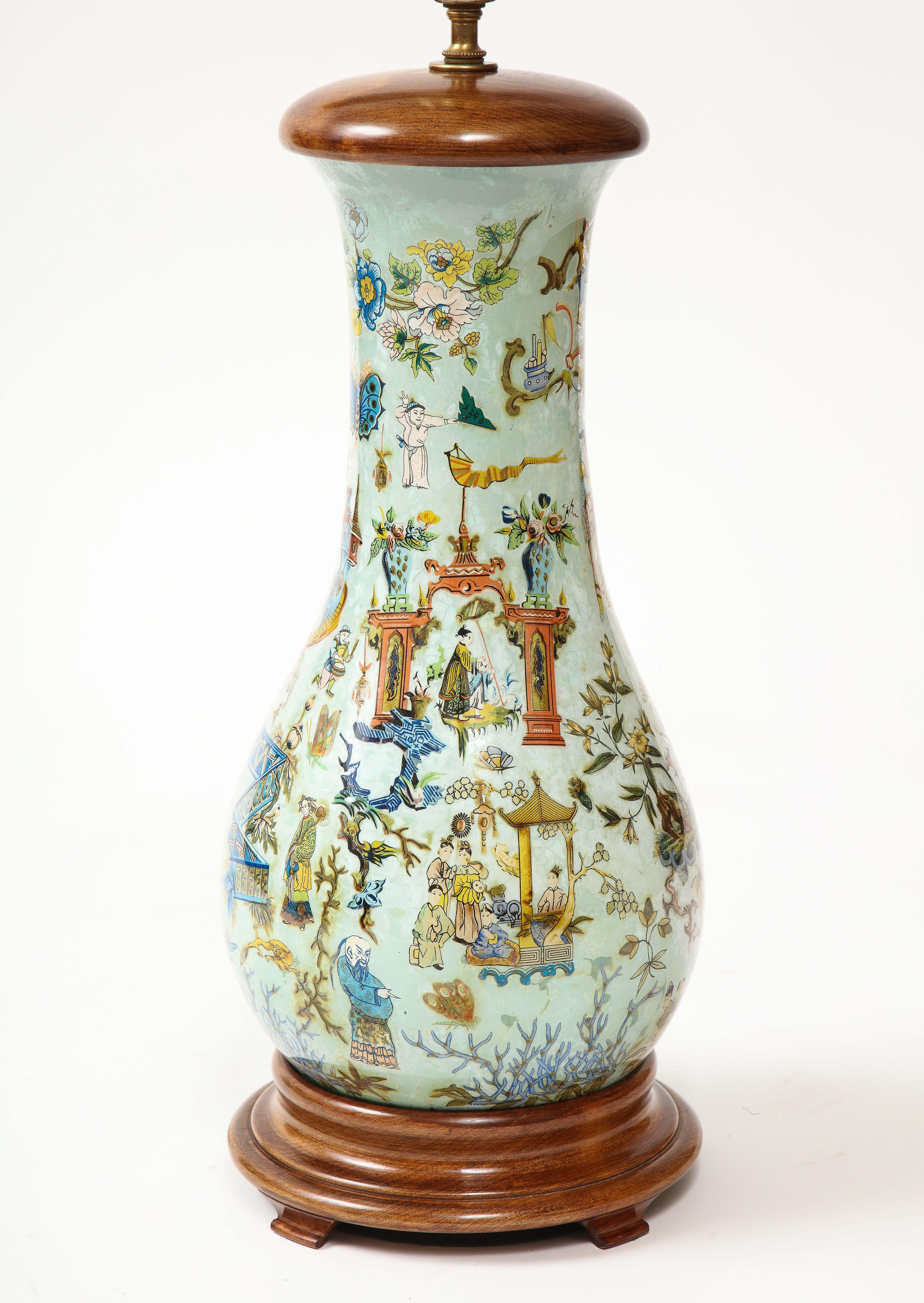 Tall English Chinoiserie Celadon Decalcomania Glass Lamp In Good Condition For Sale In New York, NY