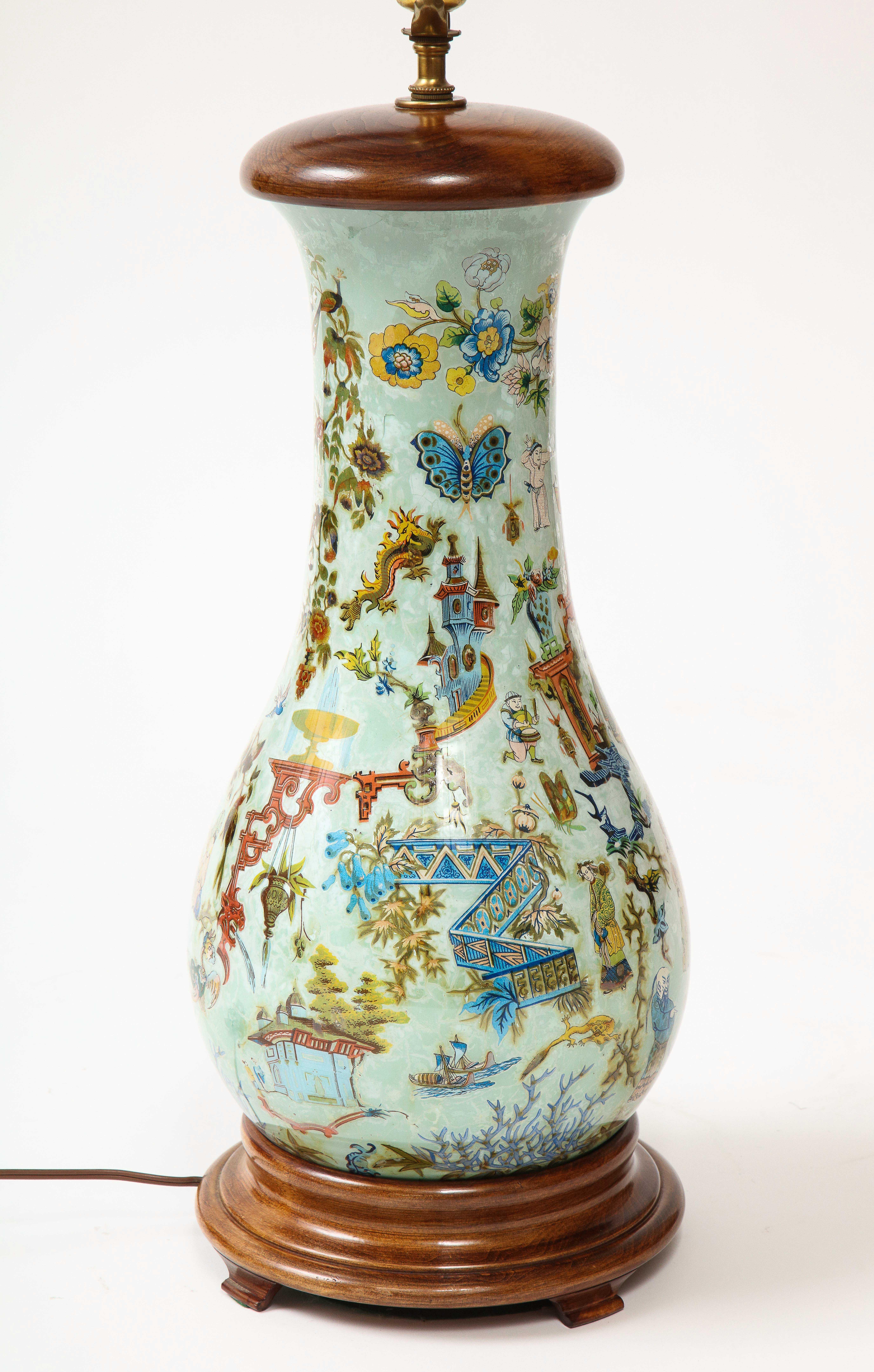 Tall English Chinoiserie Celadon Decalcomania Glass Lamp For Sale 2