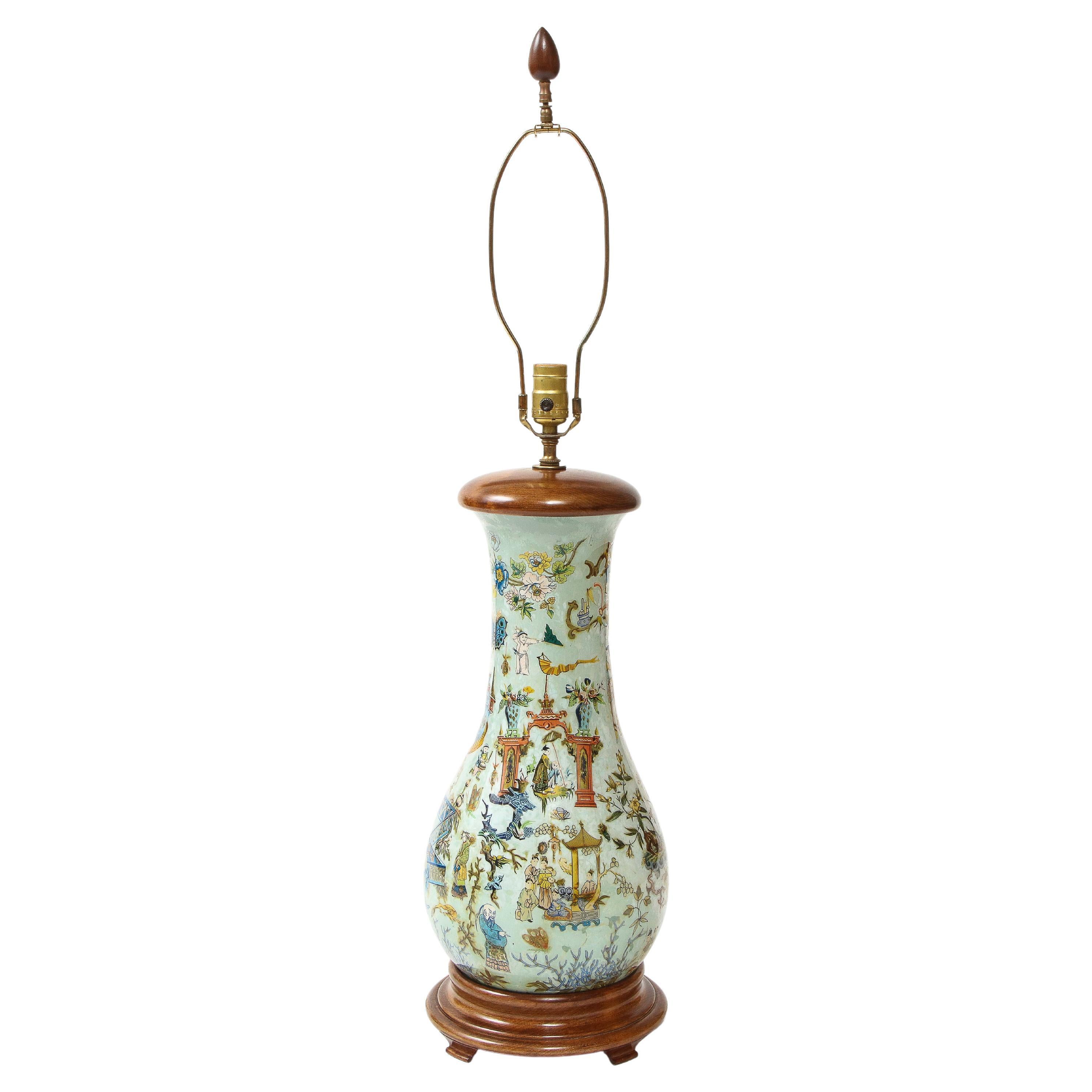 Tall English Chinoiserie Celadon Decalcomania Glass Lamp For Sale
