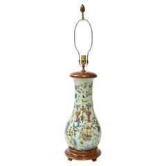 Vintage Tall English Chinoiserie Celadon Decalcomania Glass Lamp